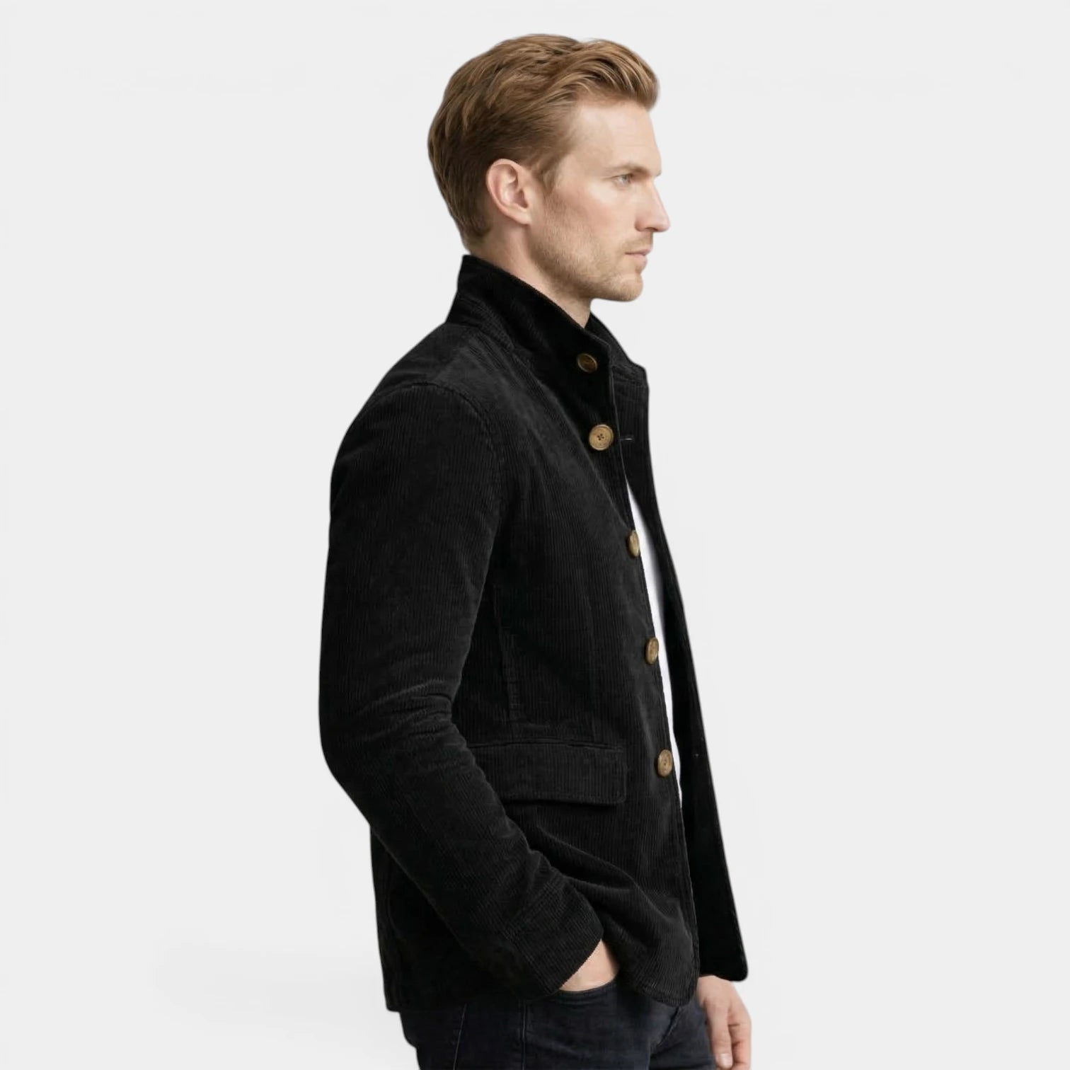 Stand Collar Corduroy Button-Up Jacket Regular Fit for Men