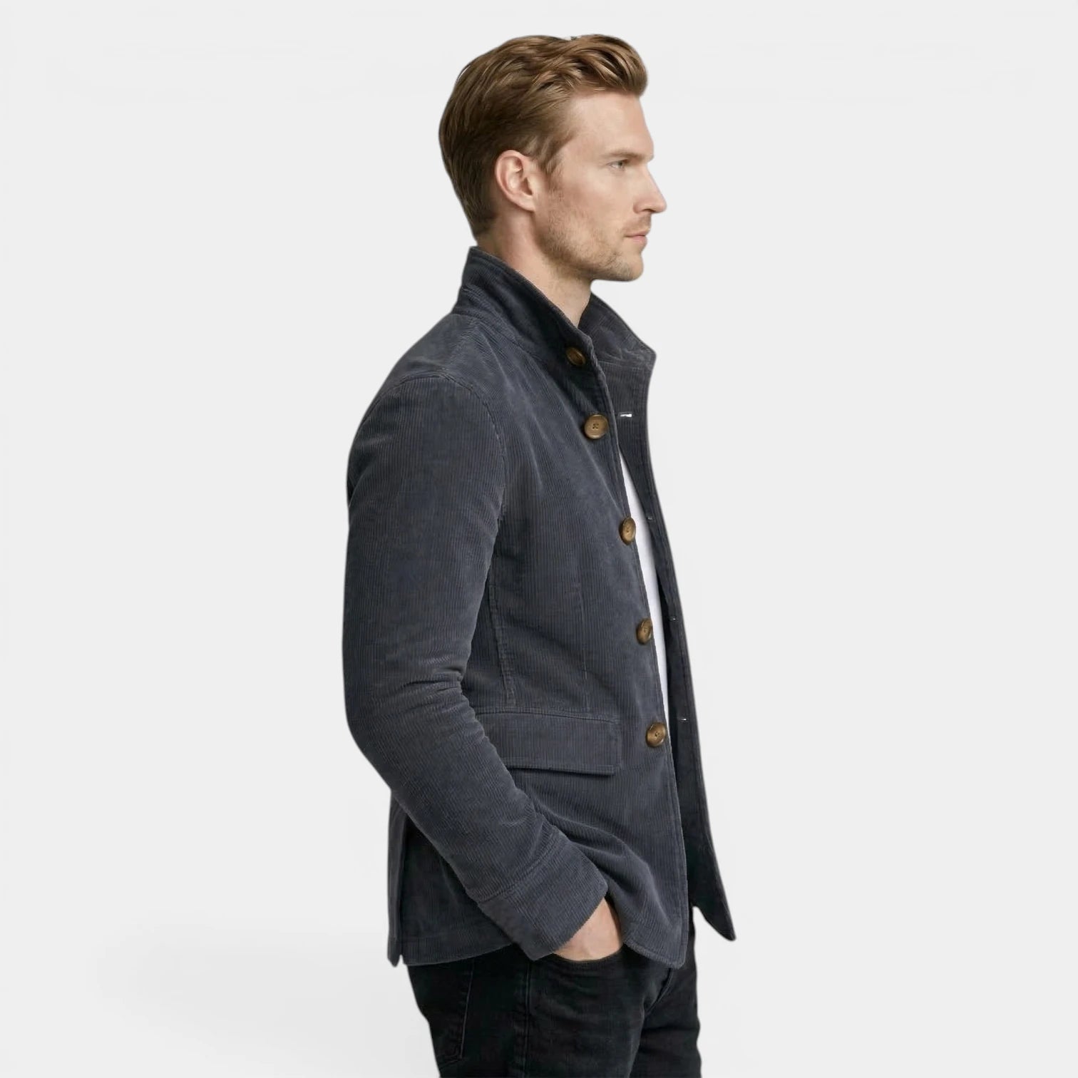 Stand Collar Corduroy Button-Up Jacket Regular Fit for Men