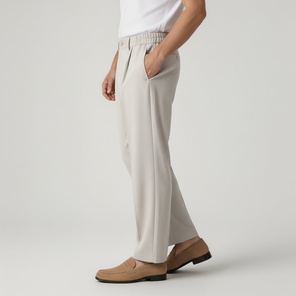 Pleated Front Straight Leg Trousers Elastic Waist for Men