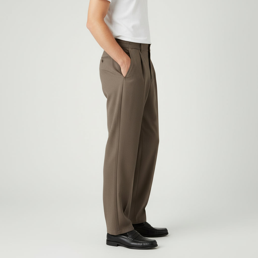 Pleated Front Straight Leg Trousers Elastic Waist for Men