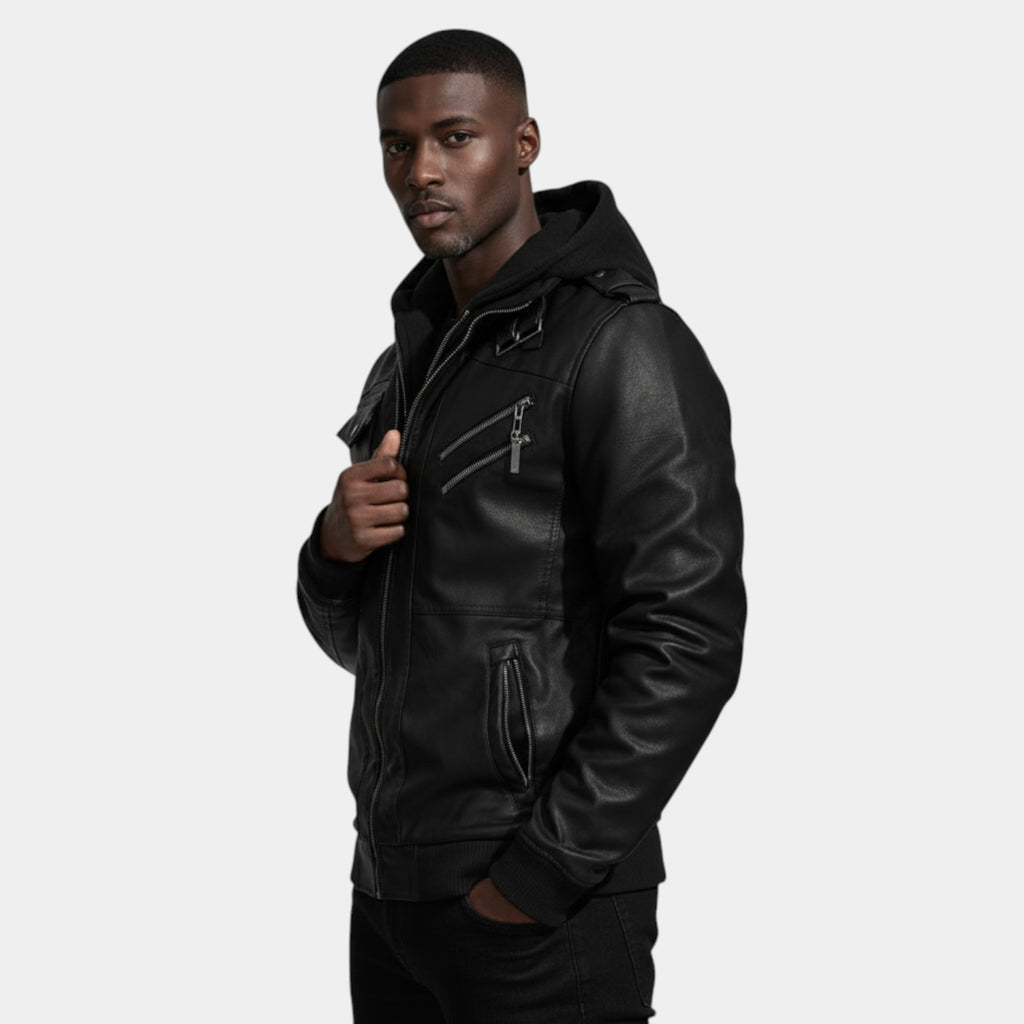 Hooded Vegan Leather Jacket Zip Front Regular Fit for Men