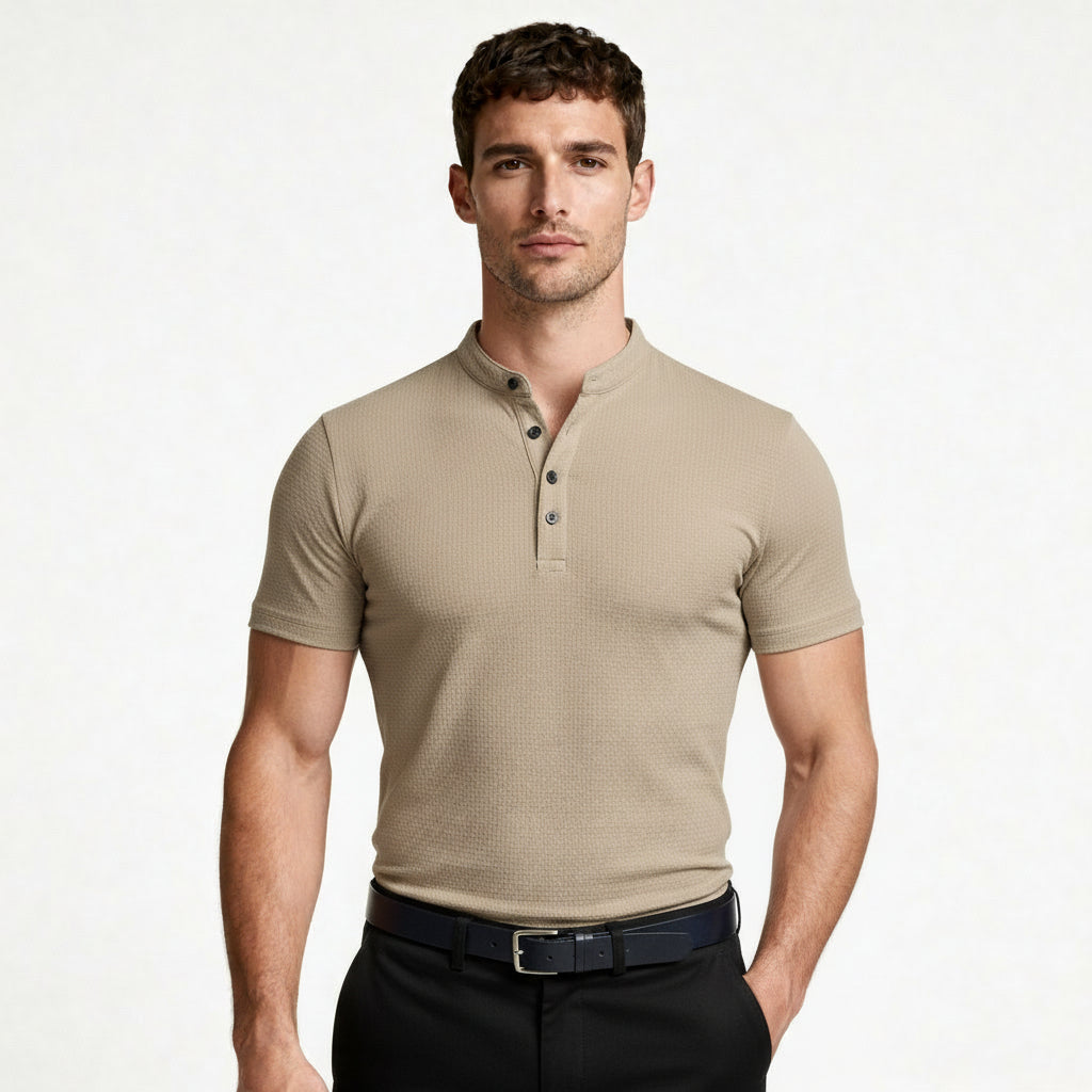 Stand Collar Henley Shirt Short Sleeve for Men