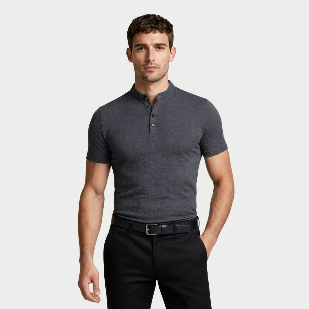 Stand Collar Henley Shirt Short Sleeve for Men