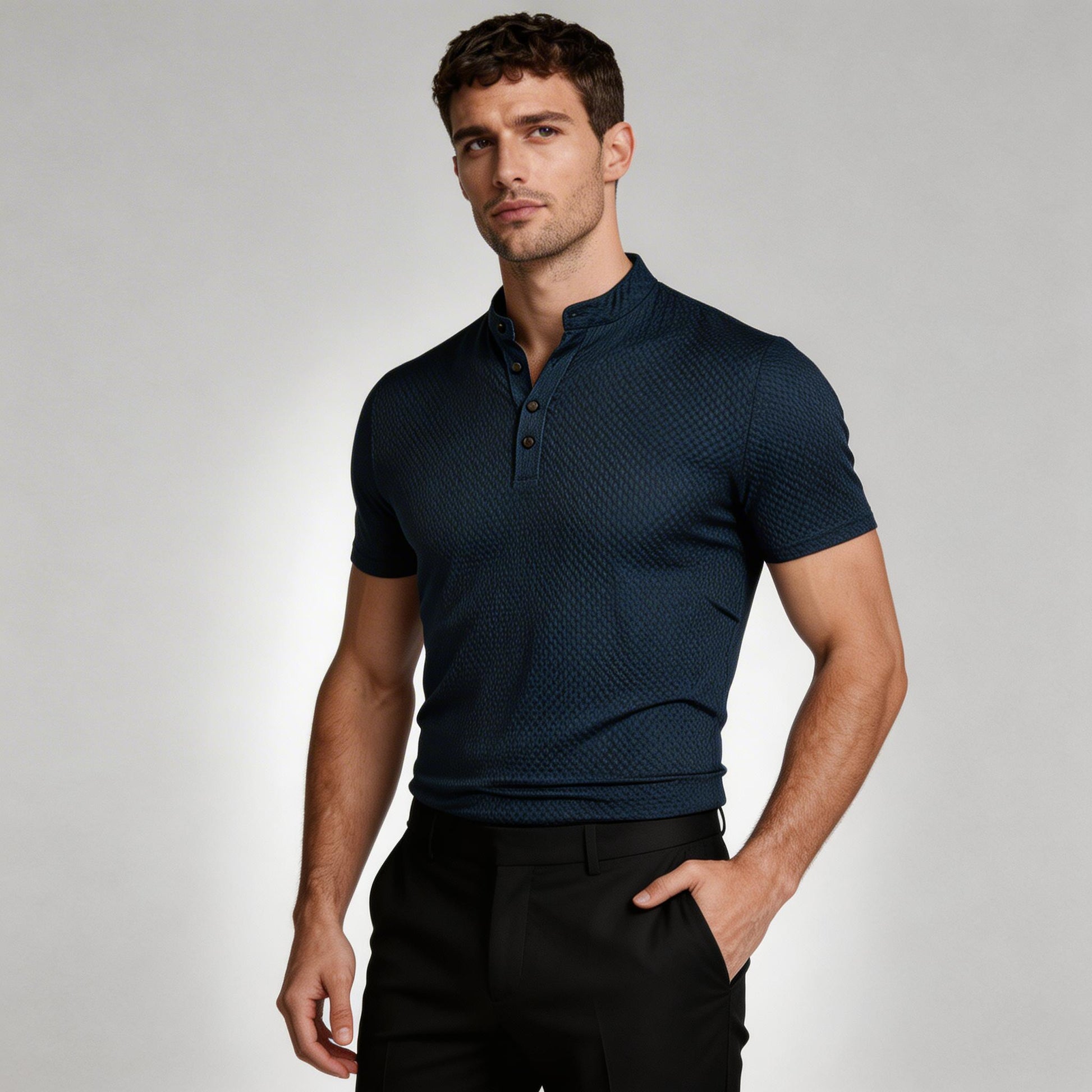 Stand Collar Henley Shirt Short Sleeve for Men