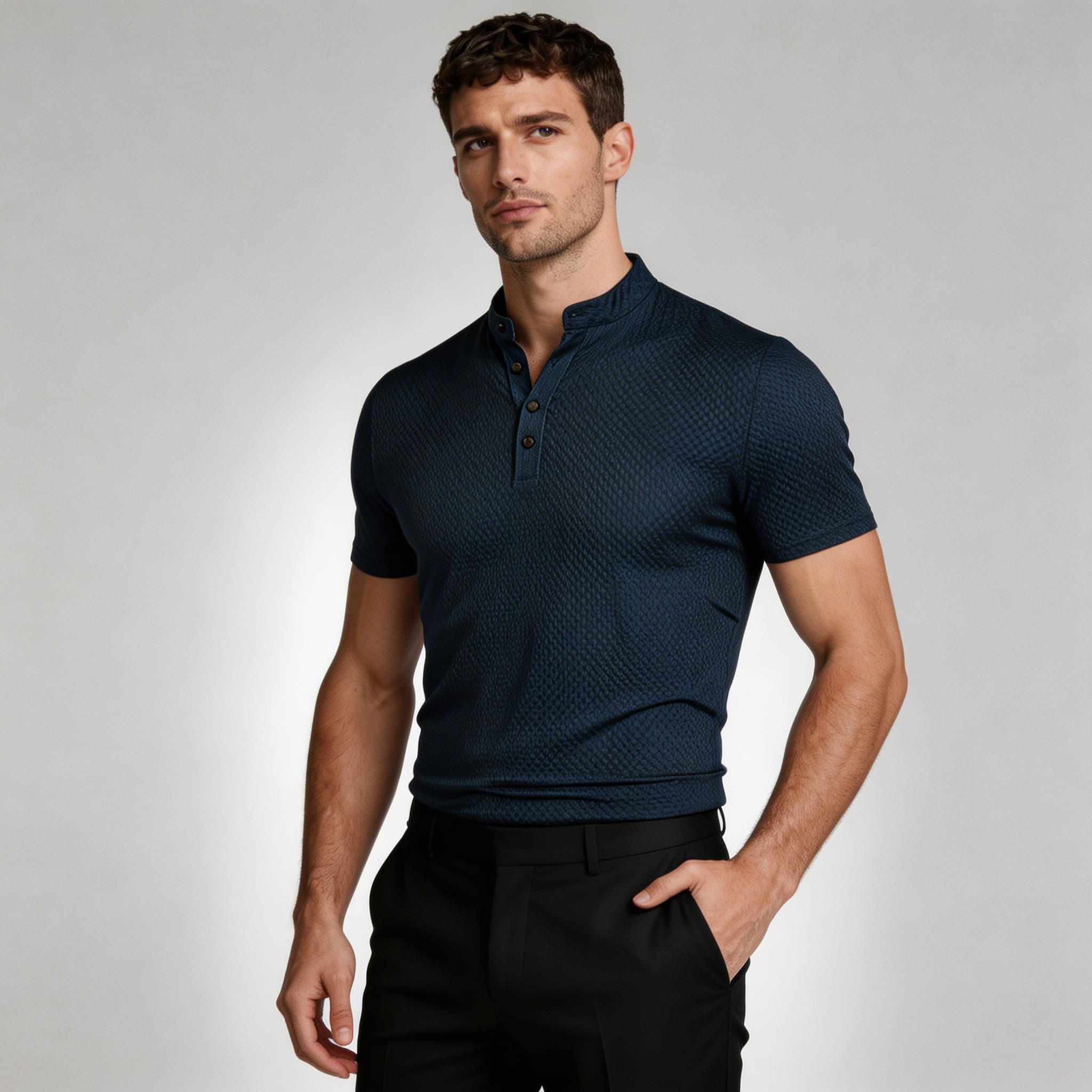 Stand Collar Henley Shirt Short Sleeve for Men