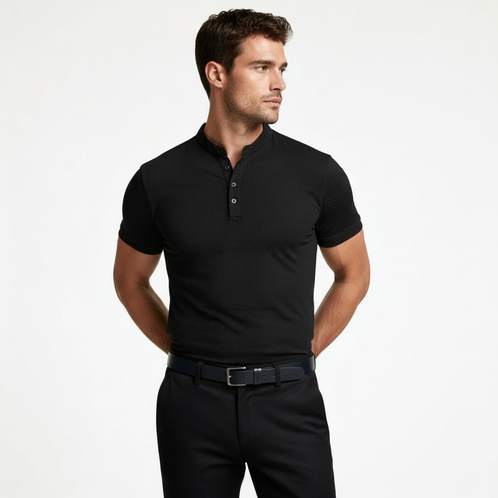 Stand Collar Henley Shirt Short Sleeve for Men