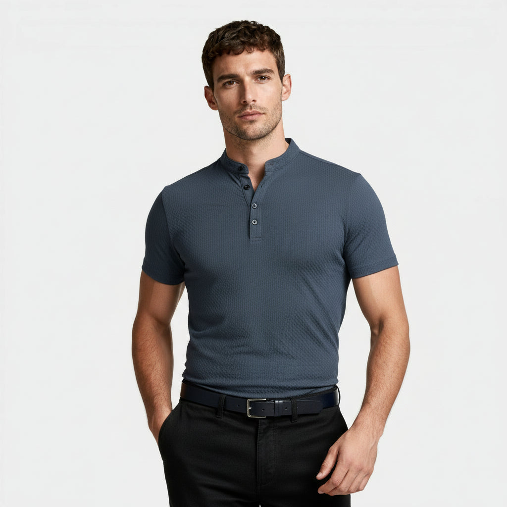 Stand Collar Henley Shirt Short Sleeve for Men