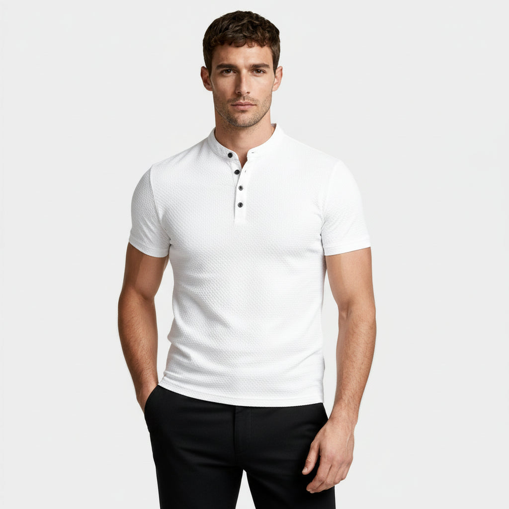 Stand Collar Henley Shirt Short Sleeve for Men