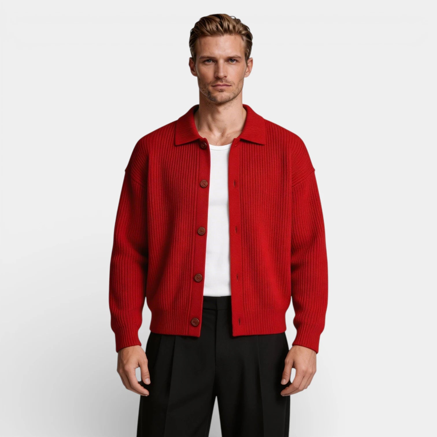 Collared Button-Up Rib Knit Cardigan Regular Fit for Men