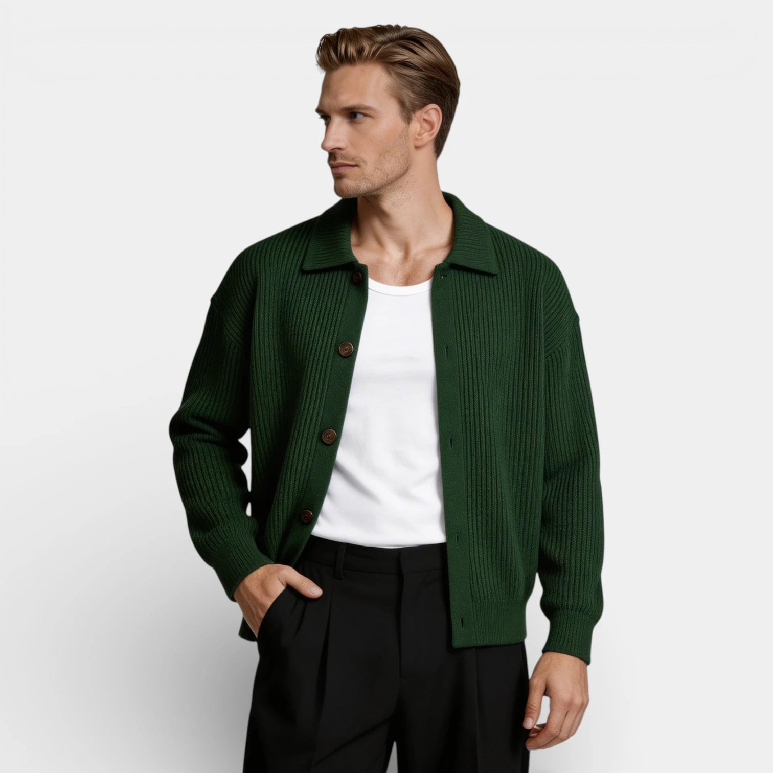 Collared Button-Up Rib Knit Cardigan Regular Fit for Men