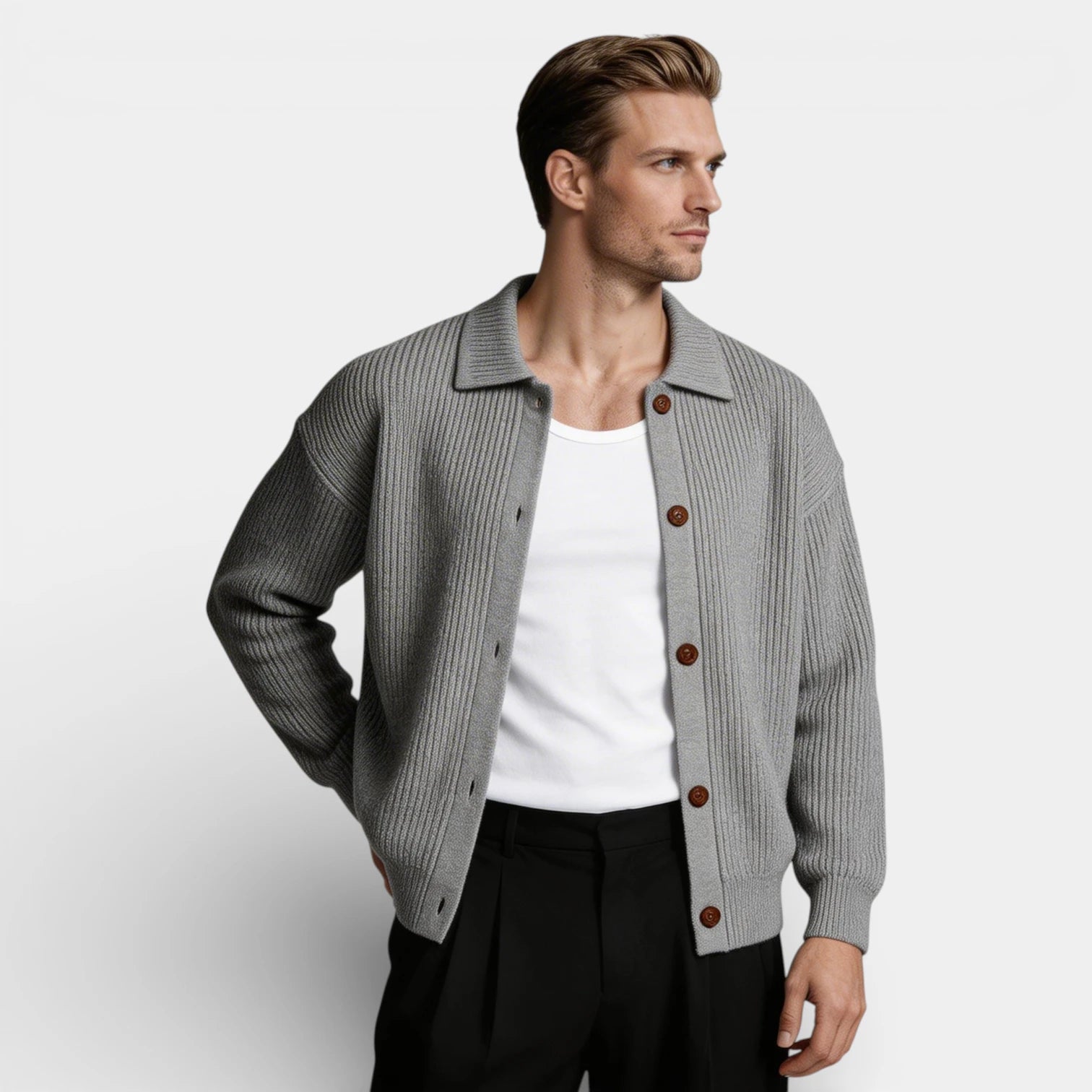 Collared Button-Up Rib Knit Cardigan Regular Fit for Men