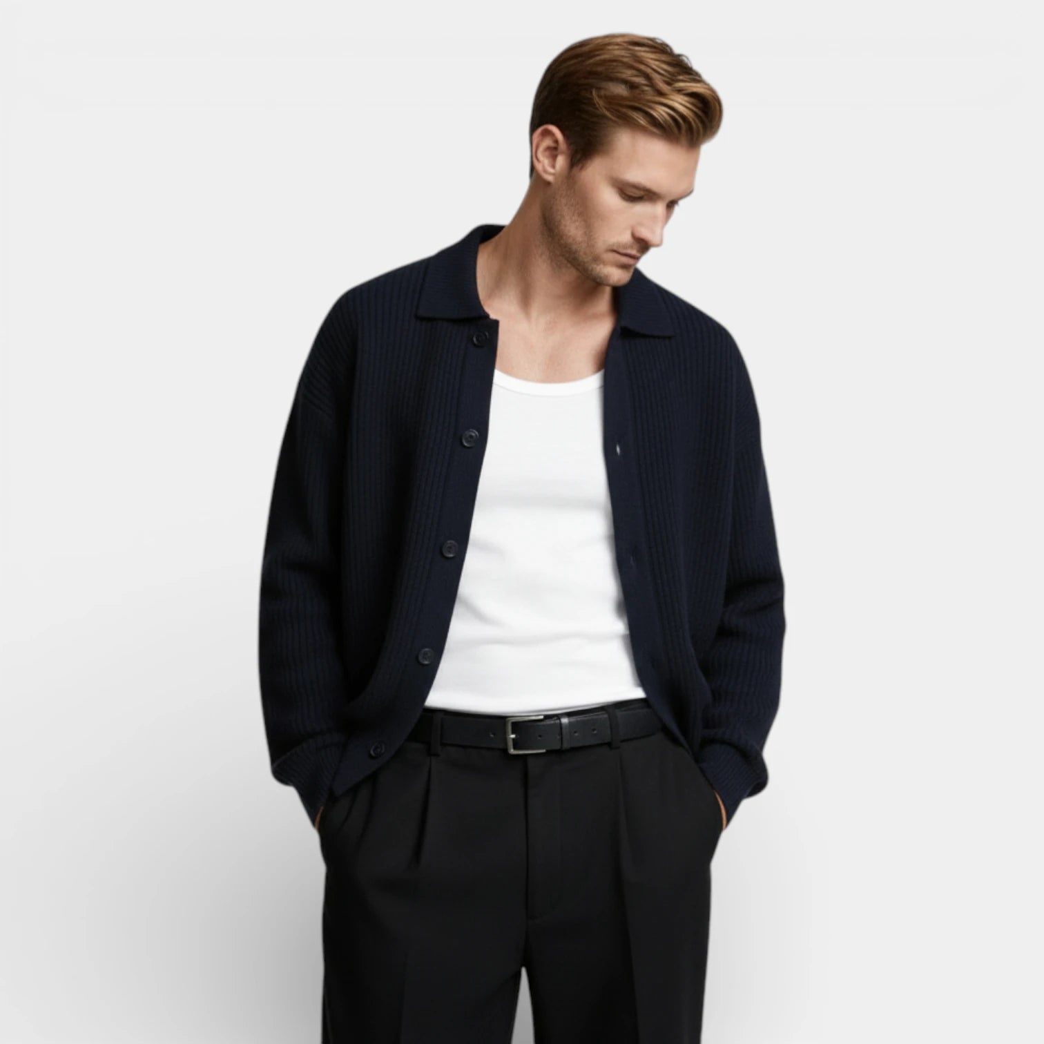 Collared Button-Up Rib Knit Cardigan Regular Fit for Men