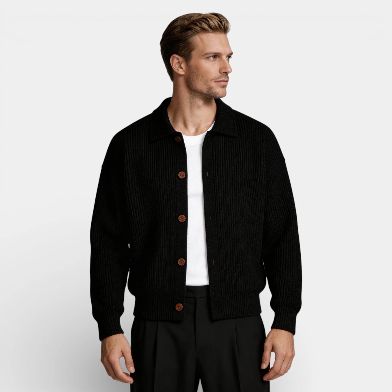 Collared Button-Up Rib Knit Cardigan Regular Fit for Men
