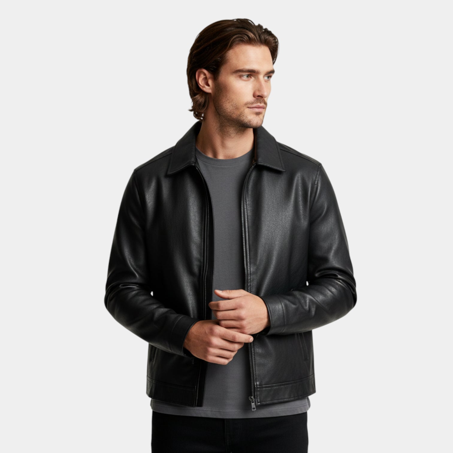 Zip-Front Vegan Leather Jacket Regular Fit for Men