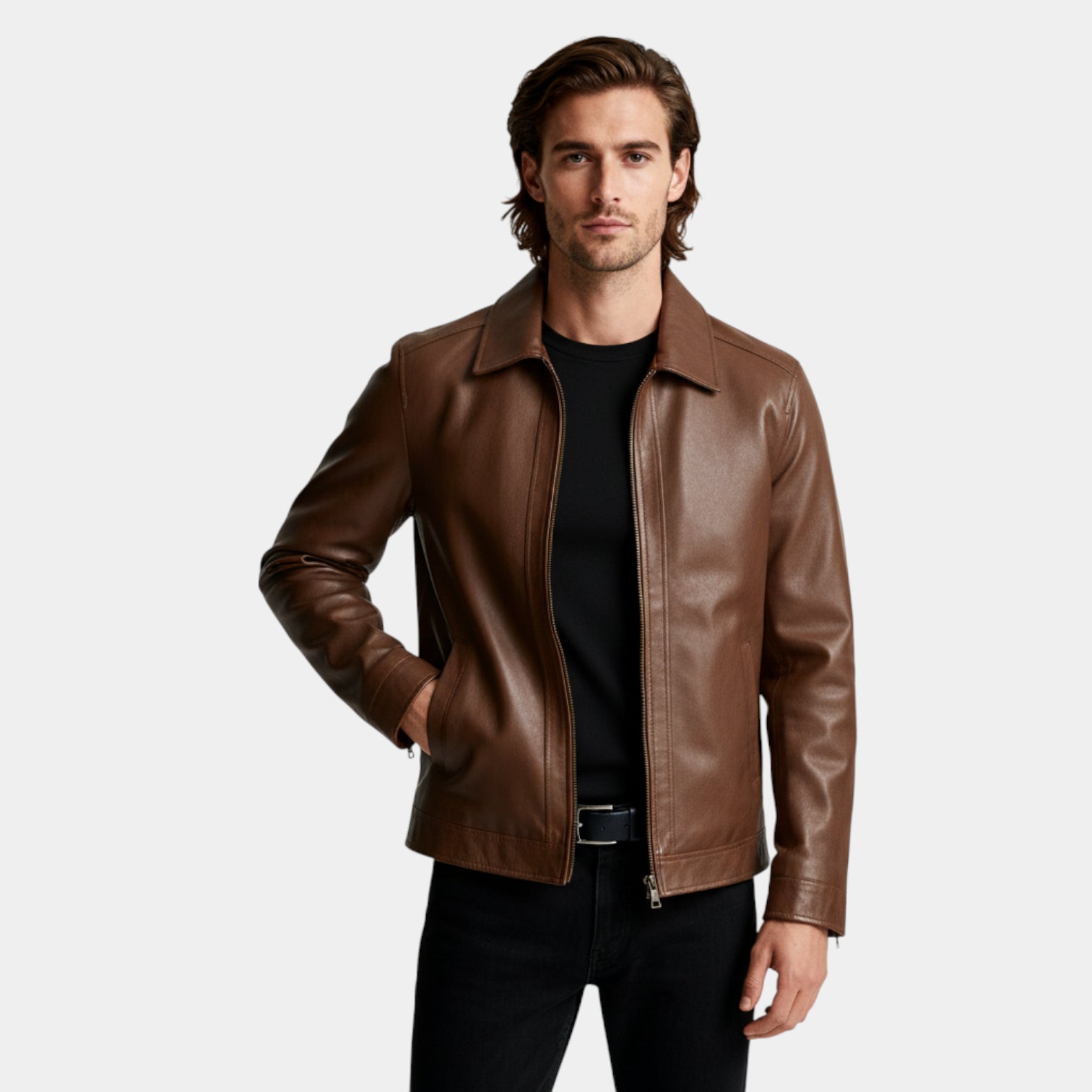 Zip-Front Vegan Leather Jacket Regular Fit for Men