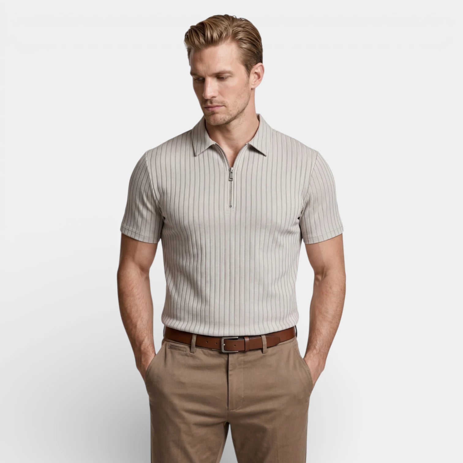 Ribbed Knit Zip Polo Shirt Short Sleeve Regular Fit for Men