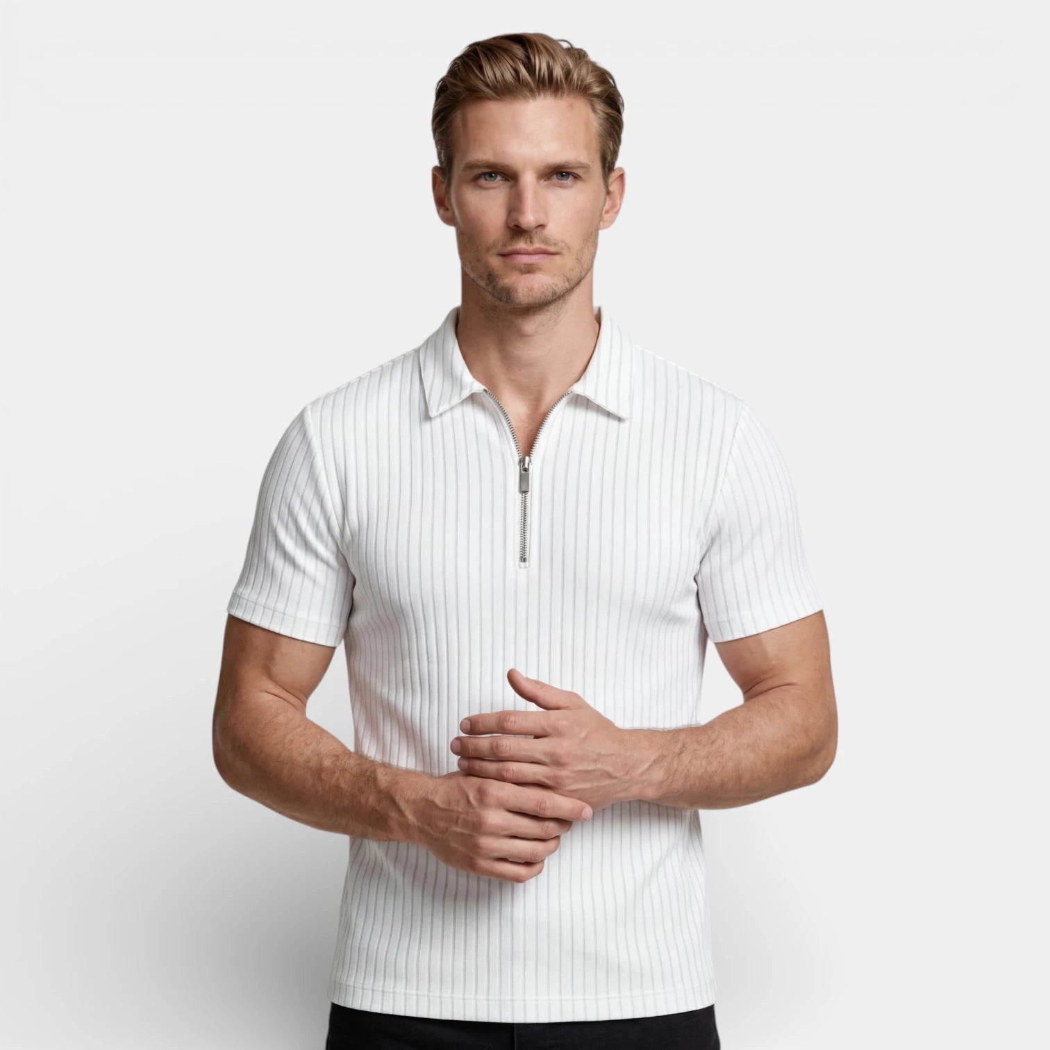 Ribbed Knit Zip Polo Shirt Short Sleeve Regular Fit for Men
