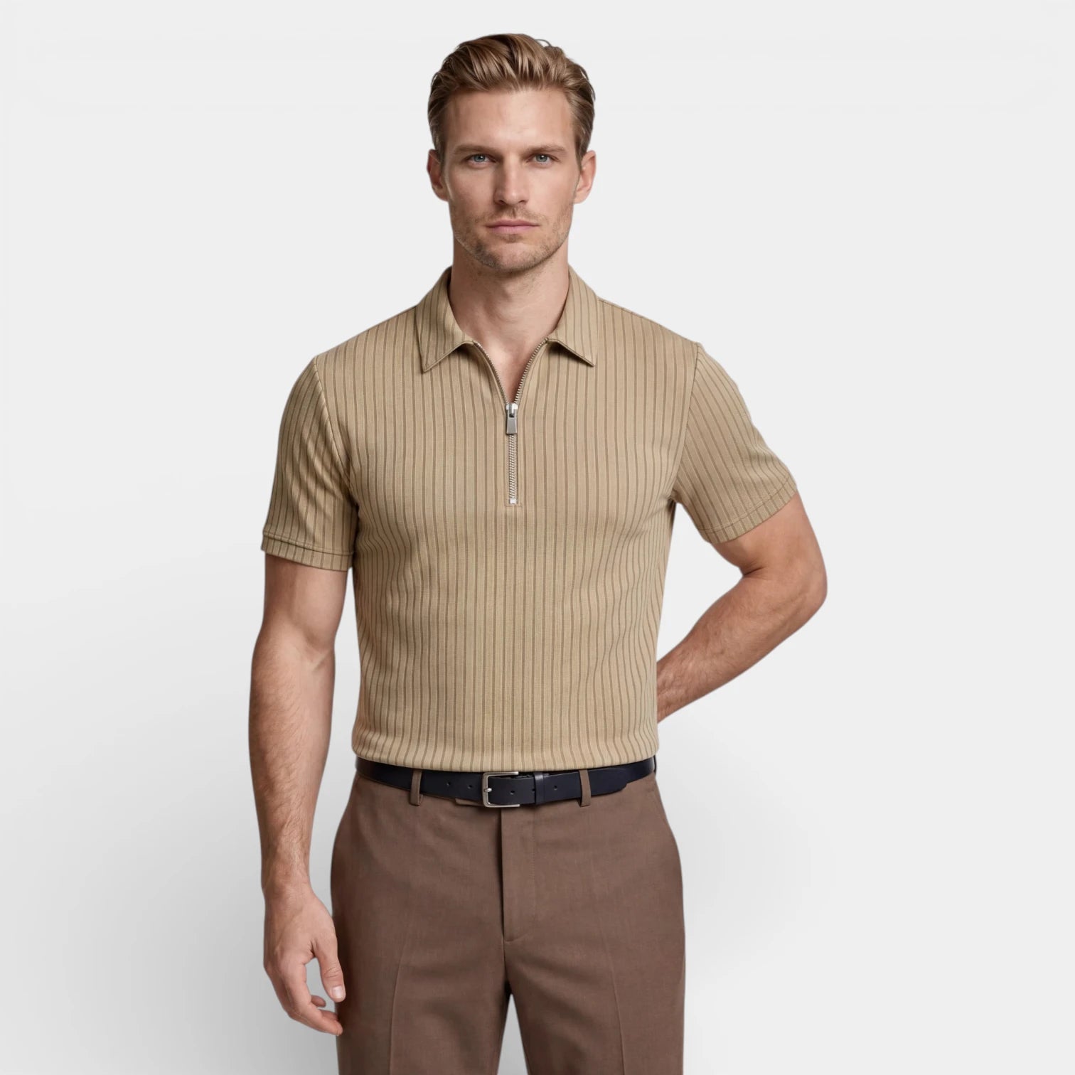 Ribbed Knit Zip Polo Shirt Short Sleeve Regular Fit for Men