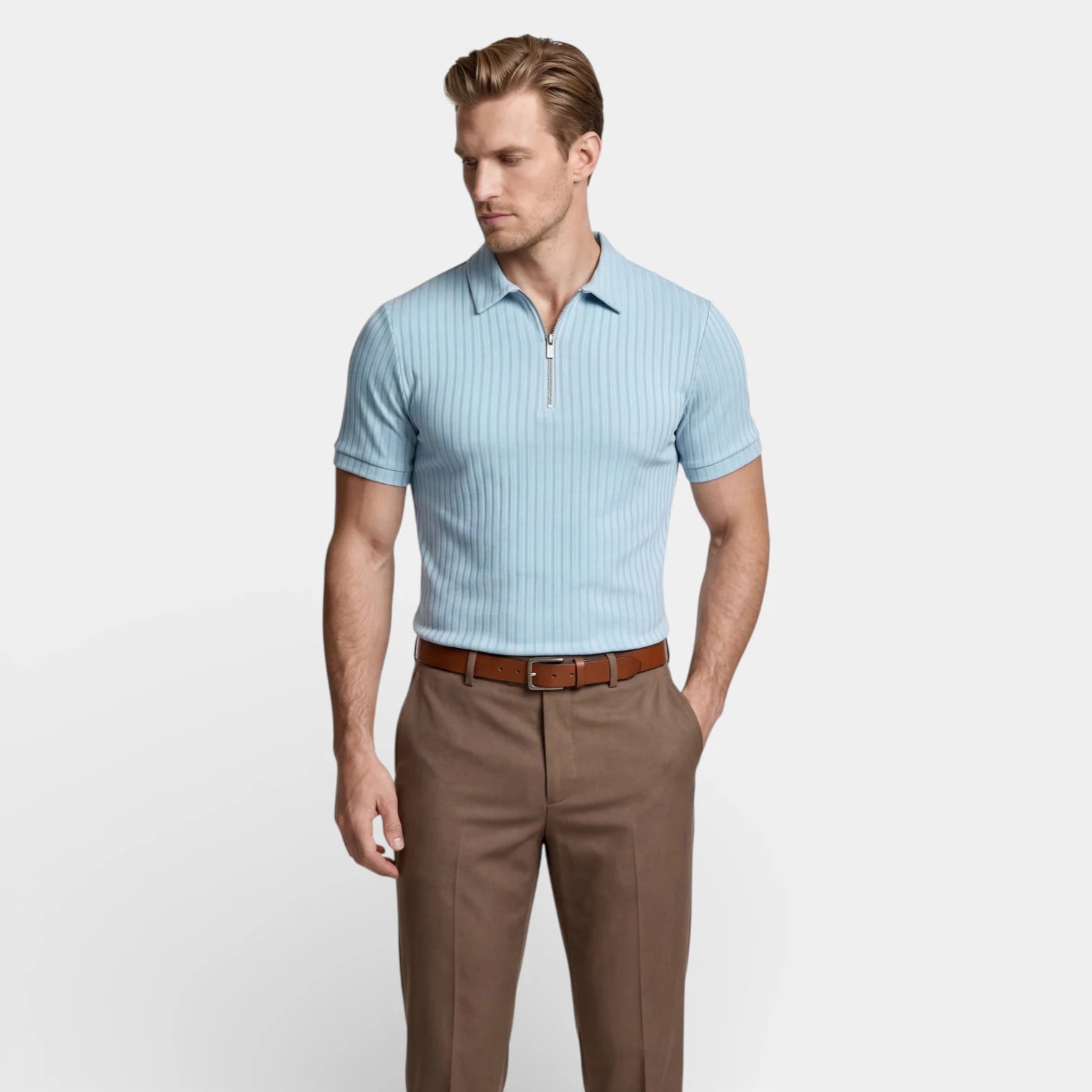 Ribbed Knit Zip Polo Shirt Short Sleeve Regular Fit for Men