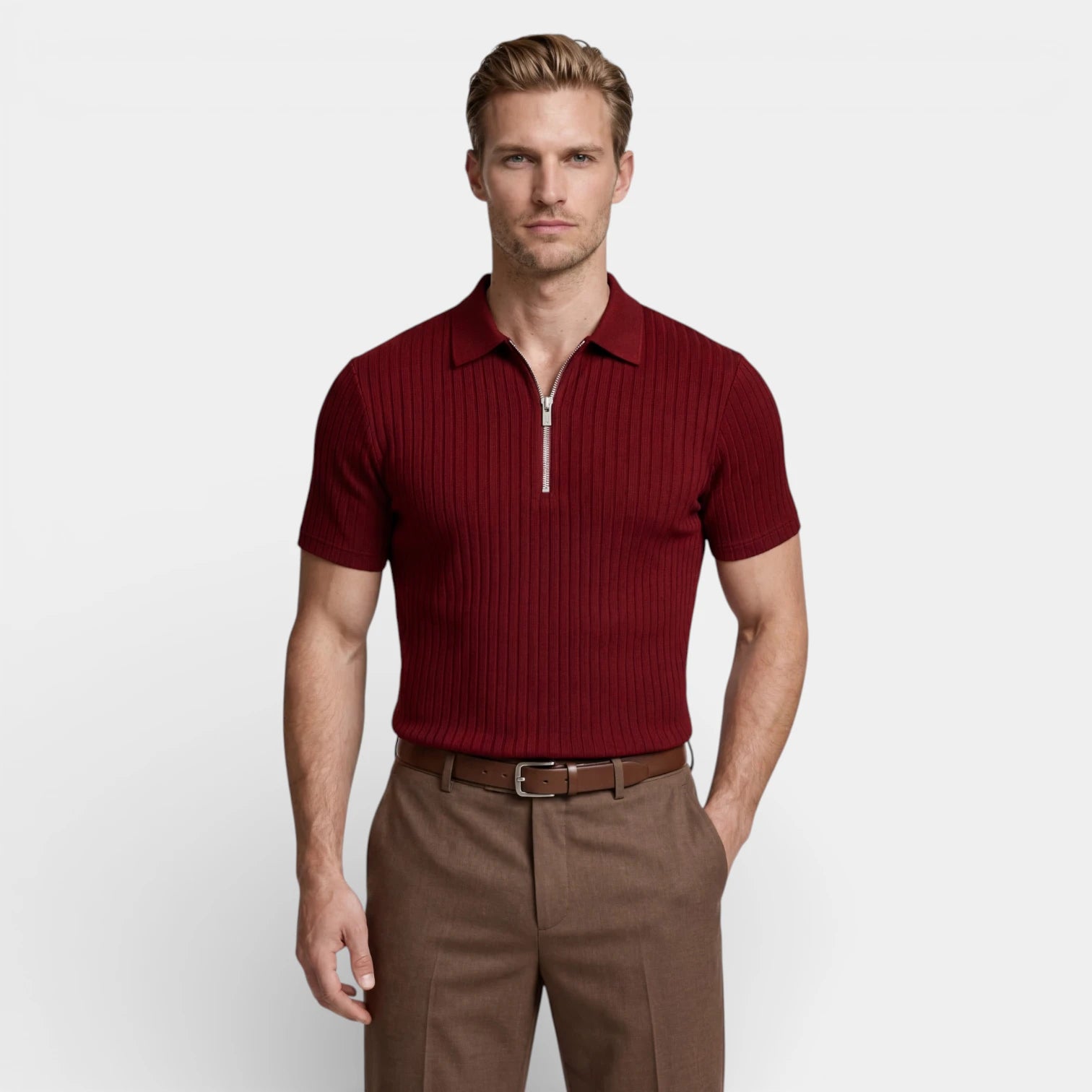 Ribbed Knit Zip Polo Shirt Short Sleeve Regular Fit for Men