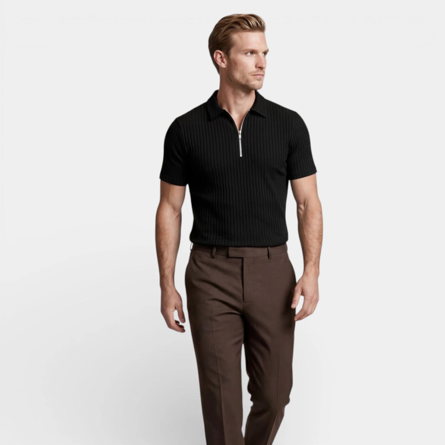 Ribbed Knit Zip Polo Shirt Short Sleeve Regular Fit for Men