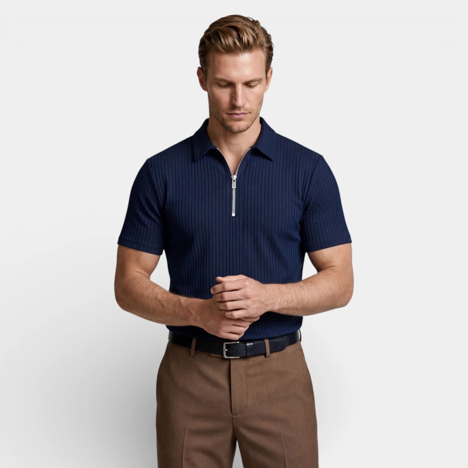 Ribbed Knit Zip Polo Shirt Short Sleeve Regular Fit for Men
