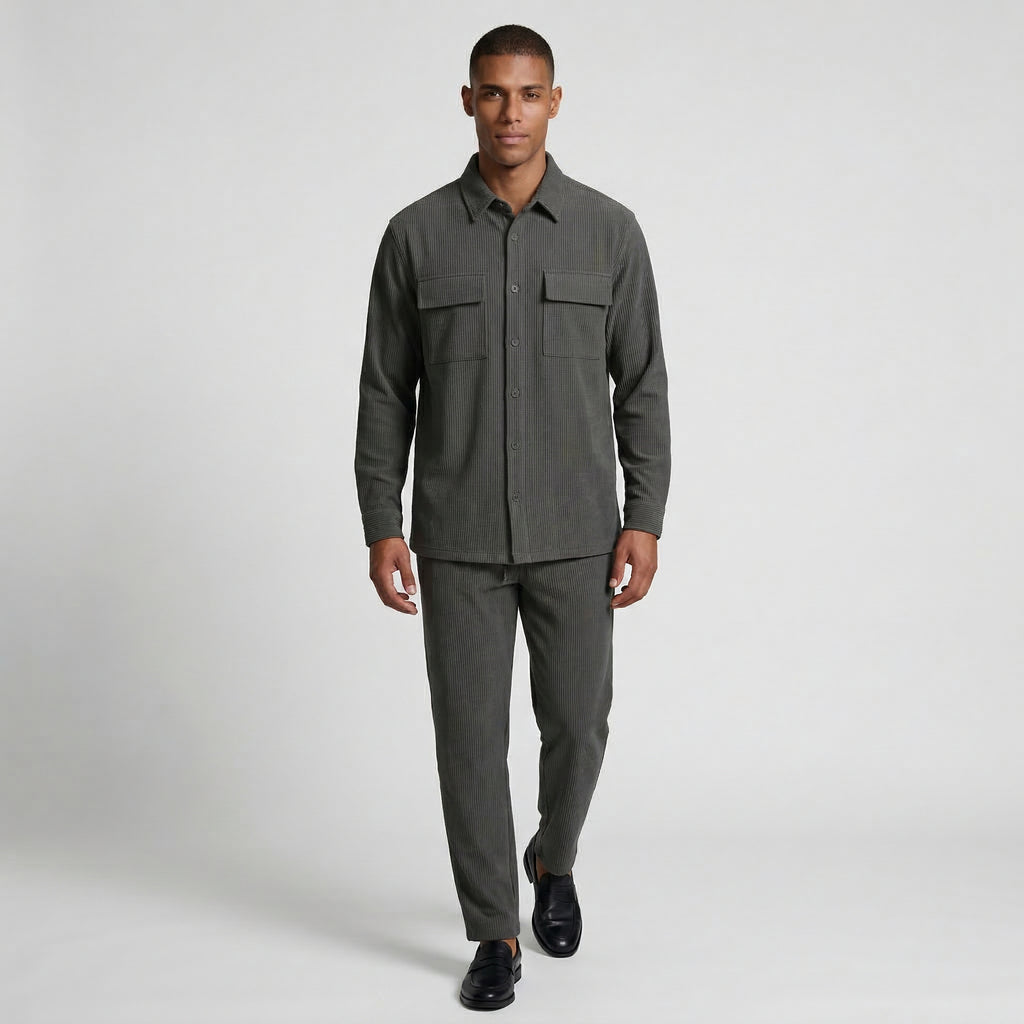 Ribbed Texture Button-Up Shirt Pants Set for Men
