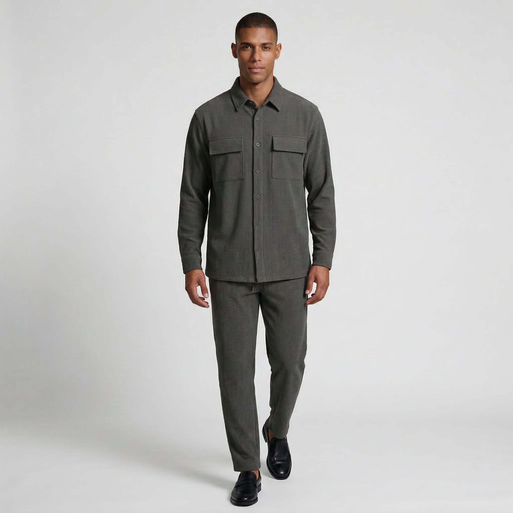 Ribbed Texture Button-Up Shirt Pants Set for Men