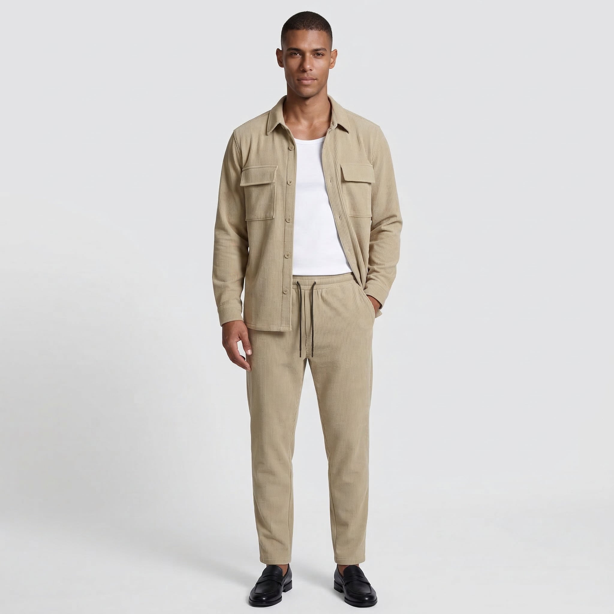 Ribbed Texture Button-Up Shirt Pants Set for Men