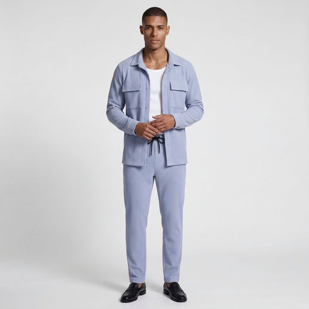 Ribbed Texture Button-Up Shirt Pants Set for Men