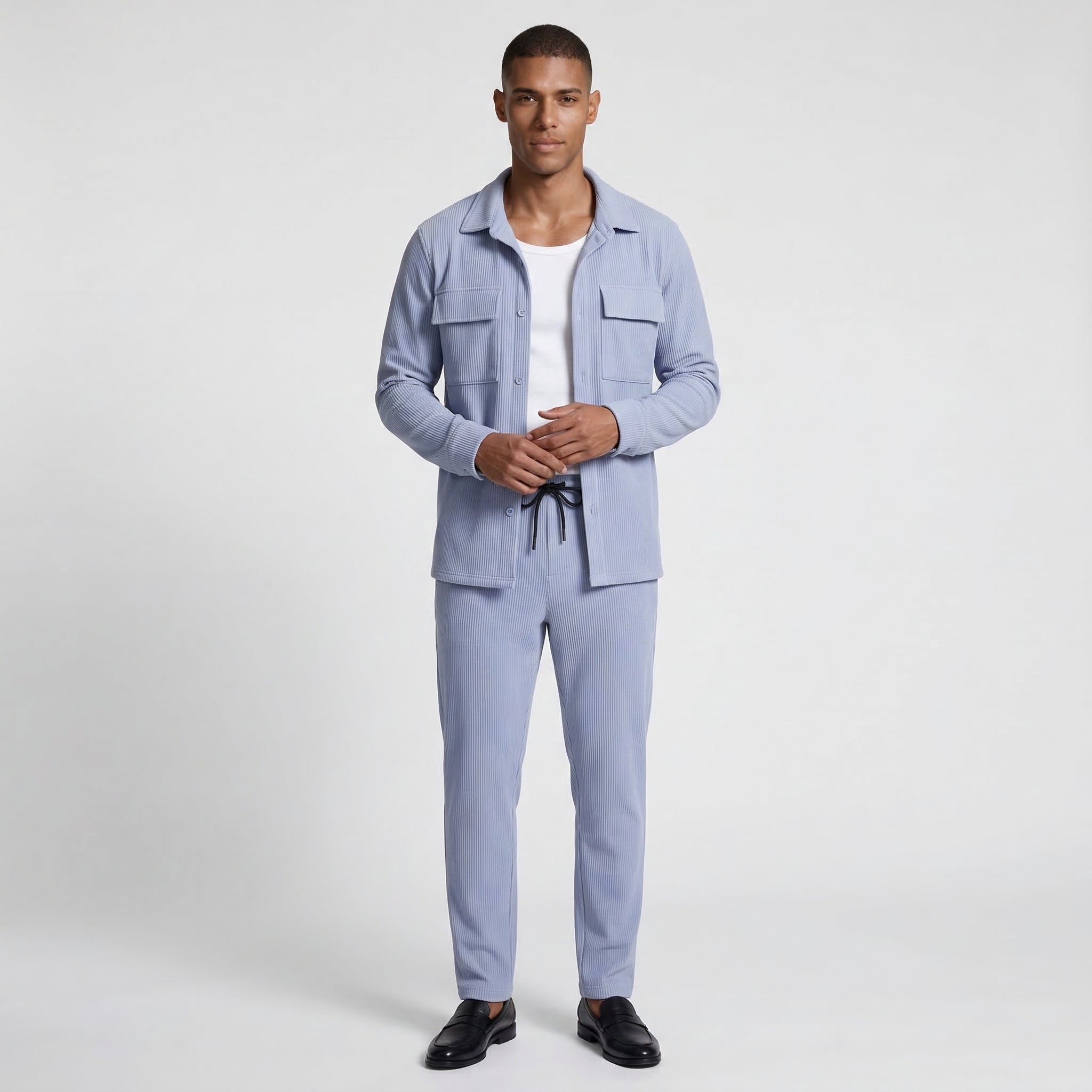 Ribbed Texture Button-Up Shirt Pants Set for Men