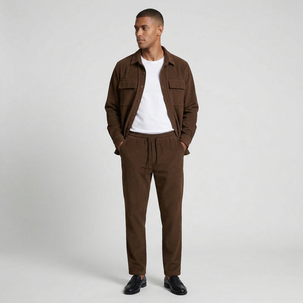Ribbed Texture Button-Up Shirt Pants Set for Men
