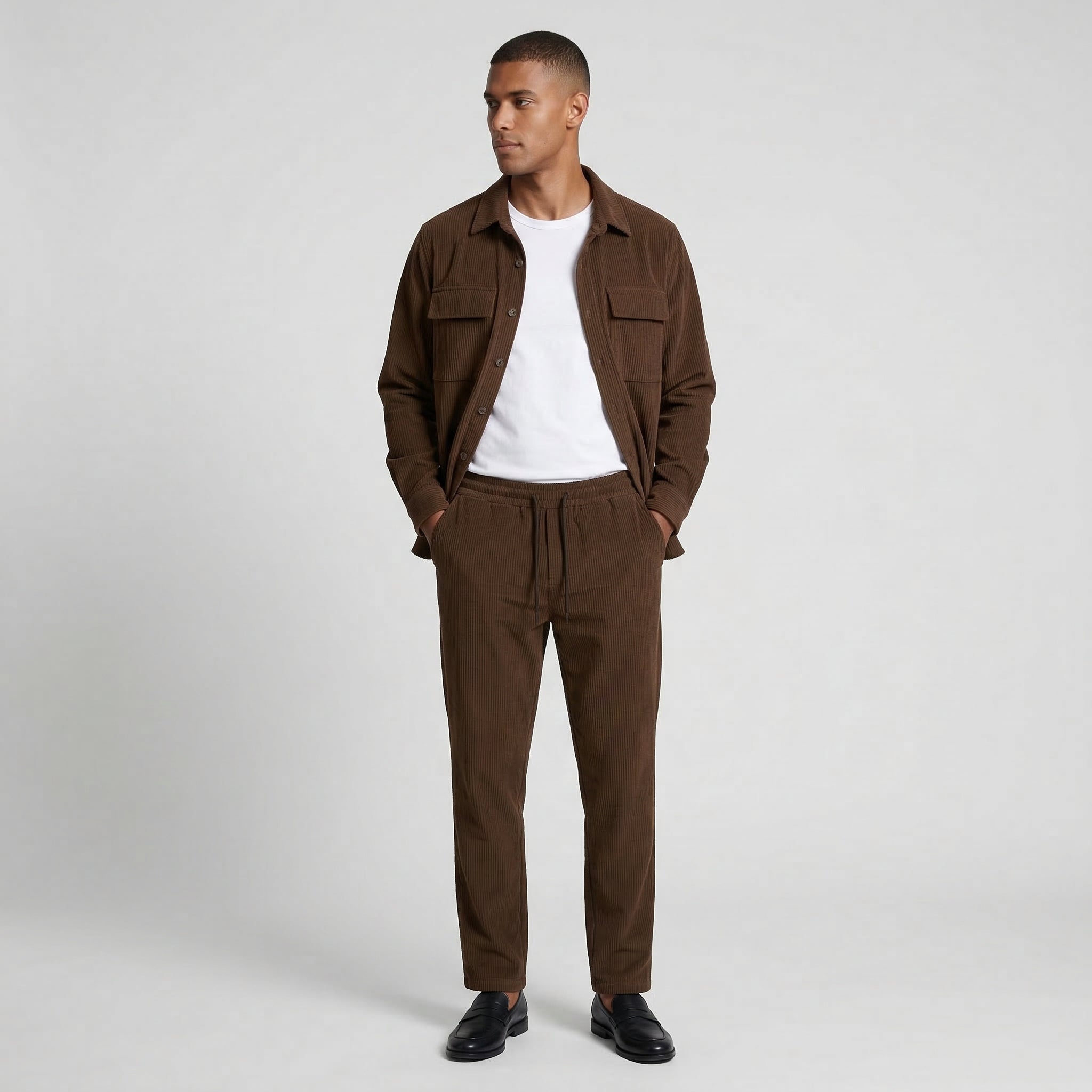 Ribbed Texture Button-Up Shirt Pants Set for Men