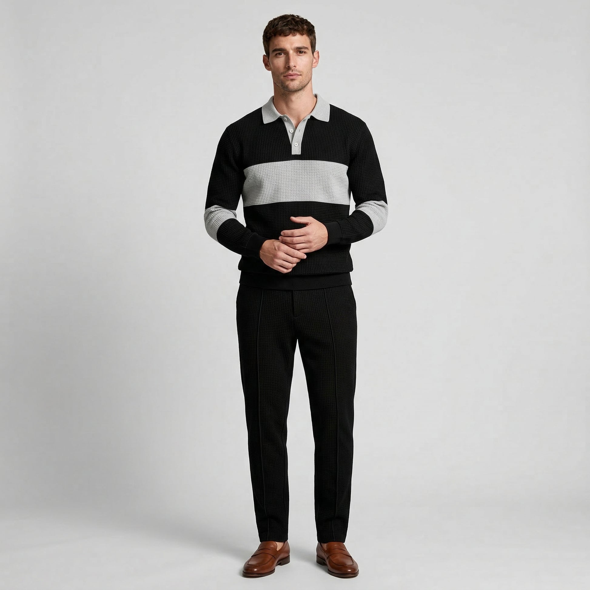 Waffle Knit Color Block Polo Sweatshirt Pants Set for Men
