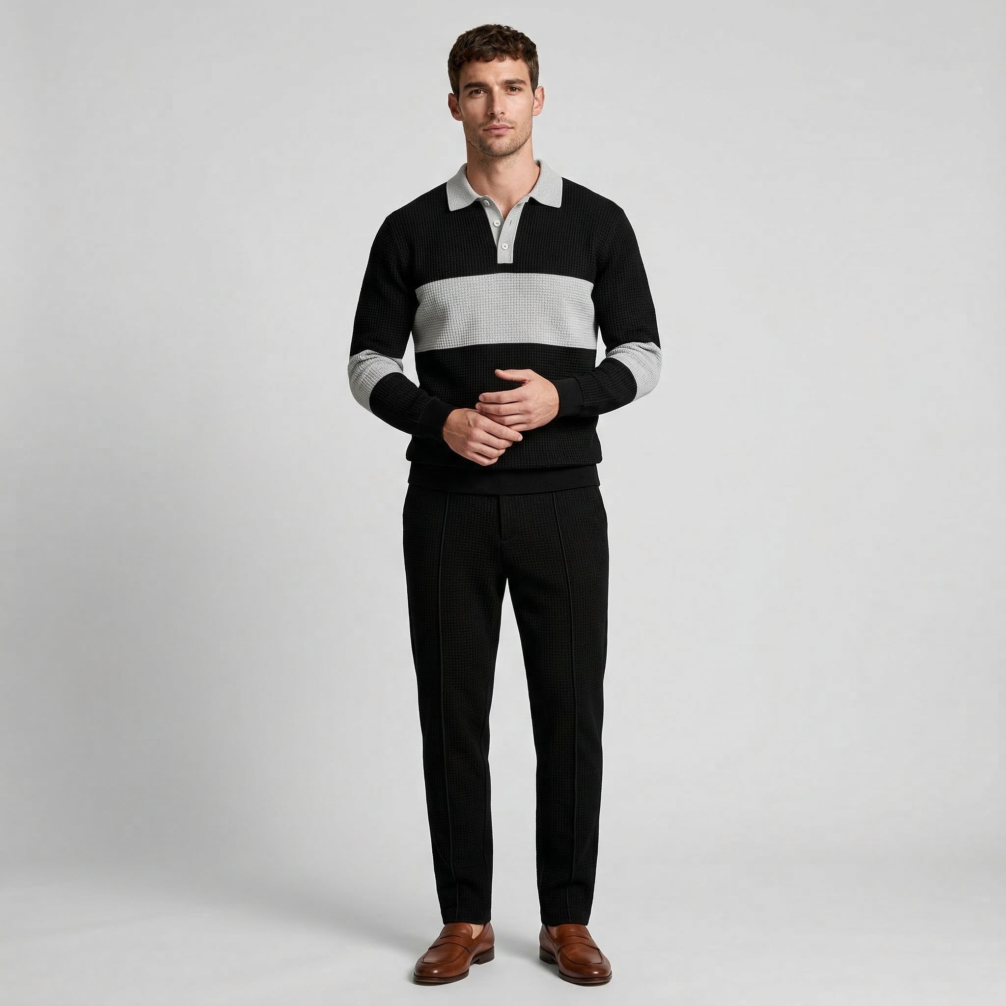Waffle Knit Color Block Polo Sweatshirt Pants Set for Men