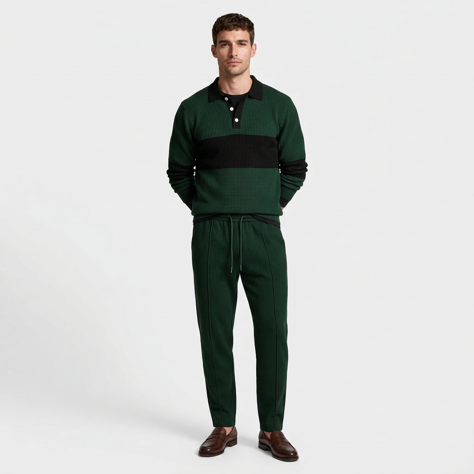 Waffle Knit Color Block Polo Sweatshirt Pants Set for Men