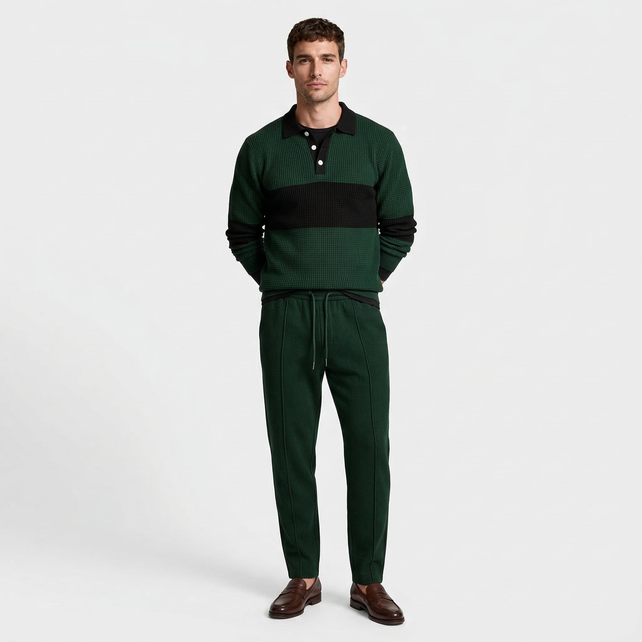 Waffle Knit Color Block Polo Sweatshirt Pants Set for Men