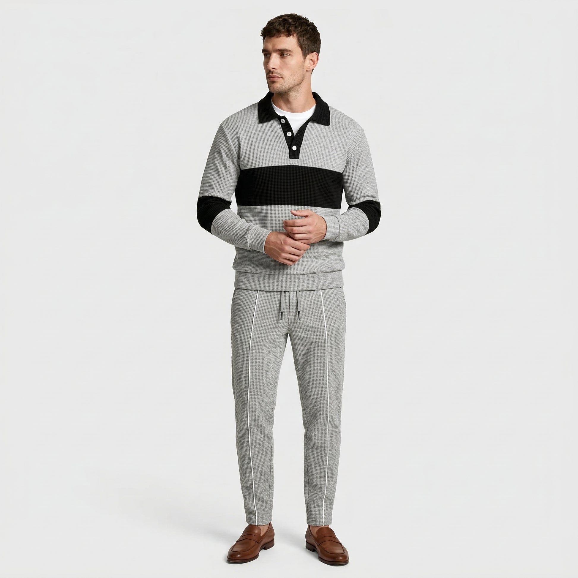 Waffle Knit Color Block Polo Sweatshirt Pants Set for Men