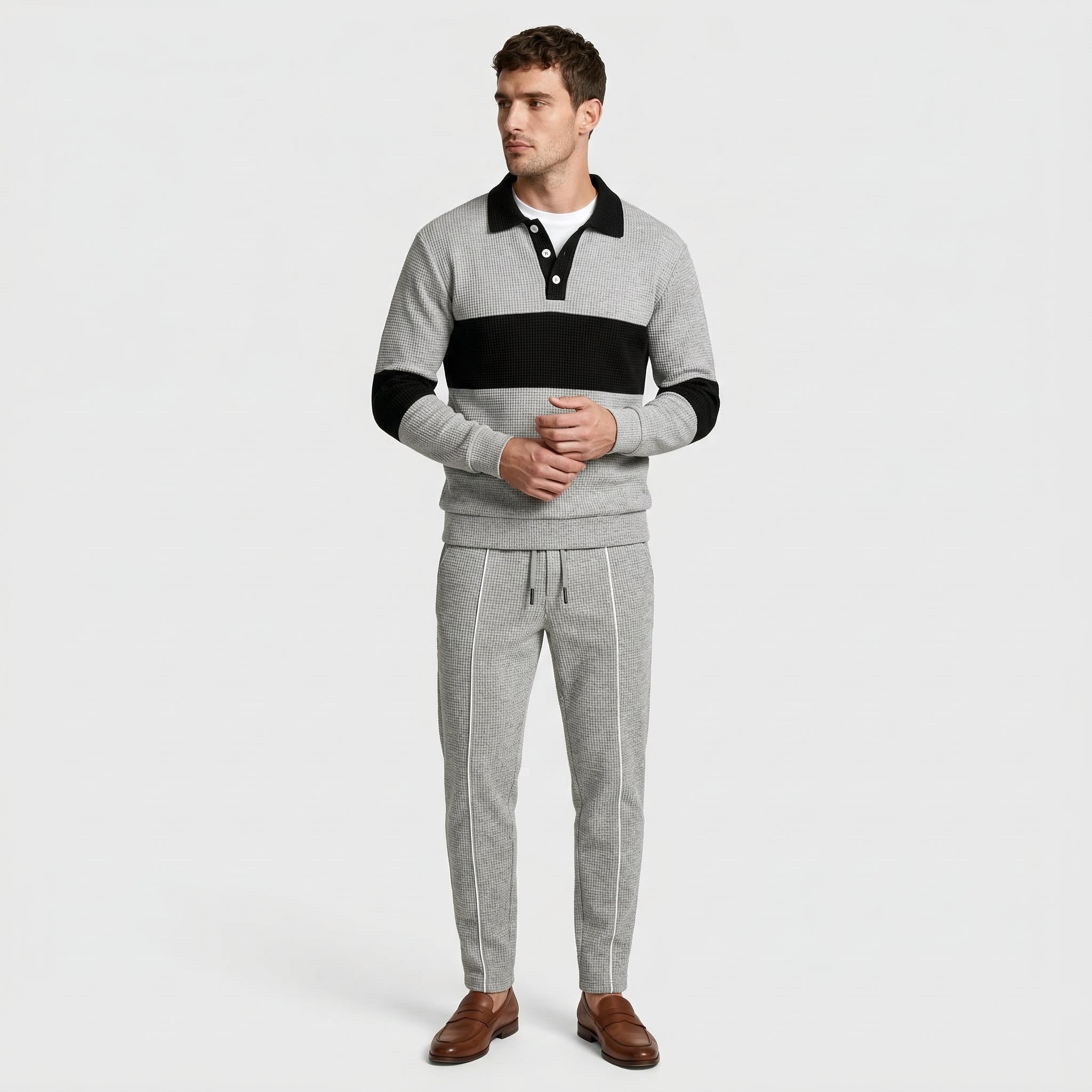 Waffle Knit Color Block Polo Sweatshirt Pants Set for Men