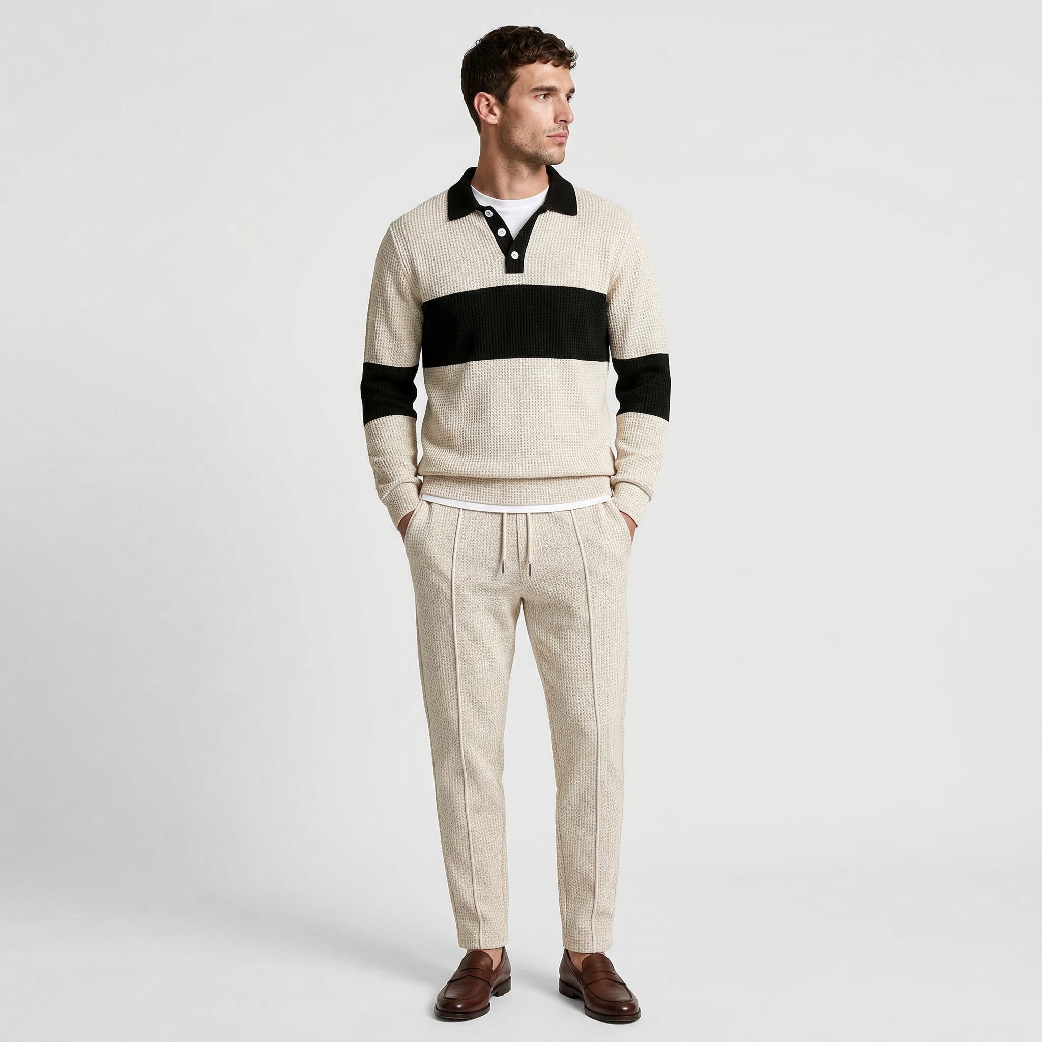 Waffle Knit Color Block Polo Sweatshirt Pants Set for Men
