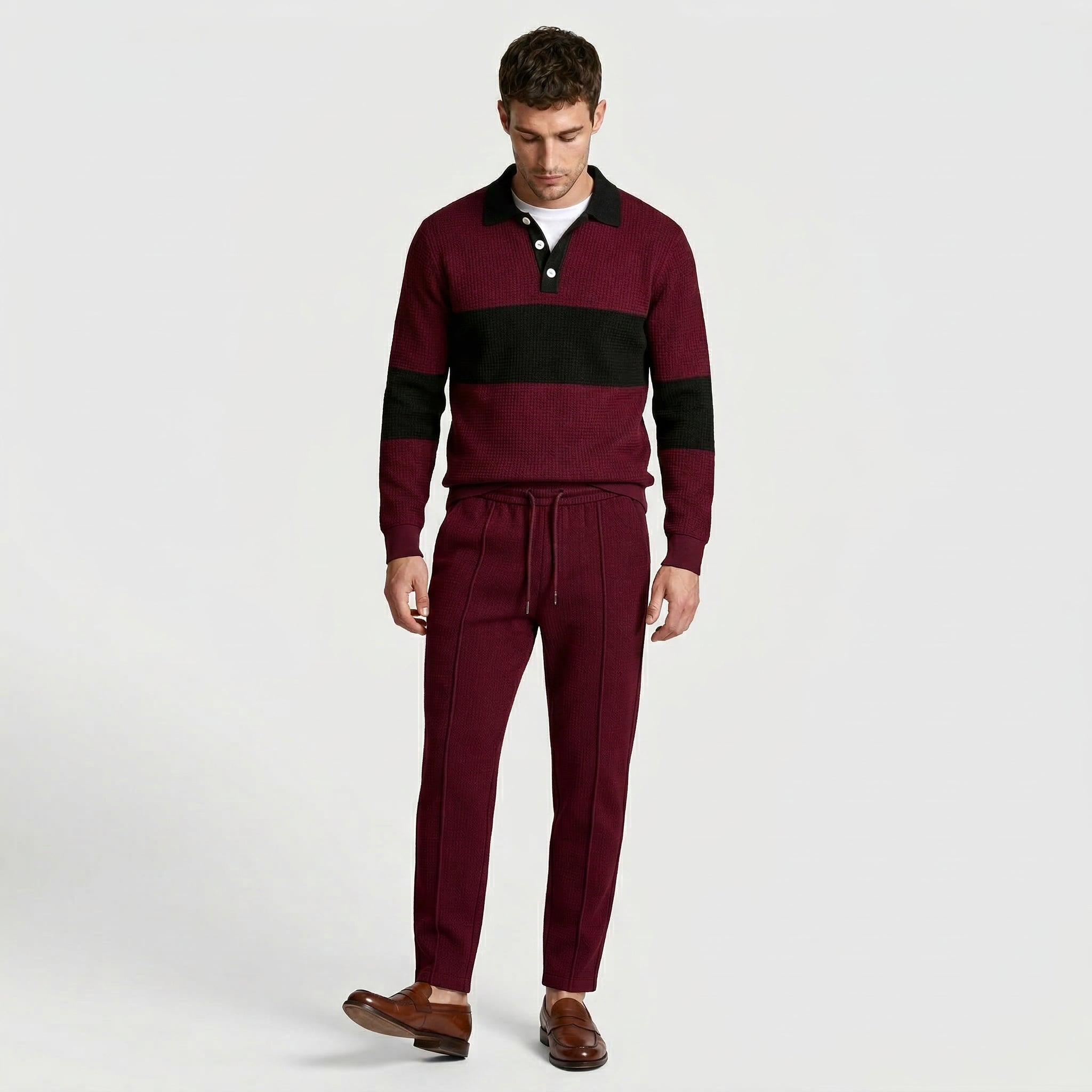 Waffle Knit Color Block Polo Sweatshirt Pants Set for Men