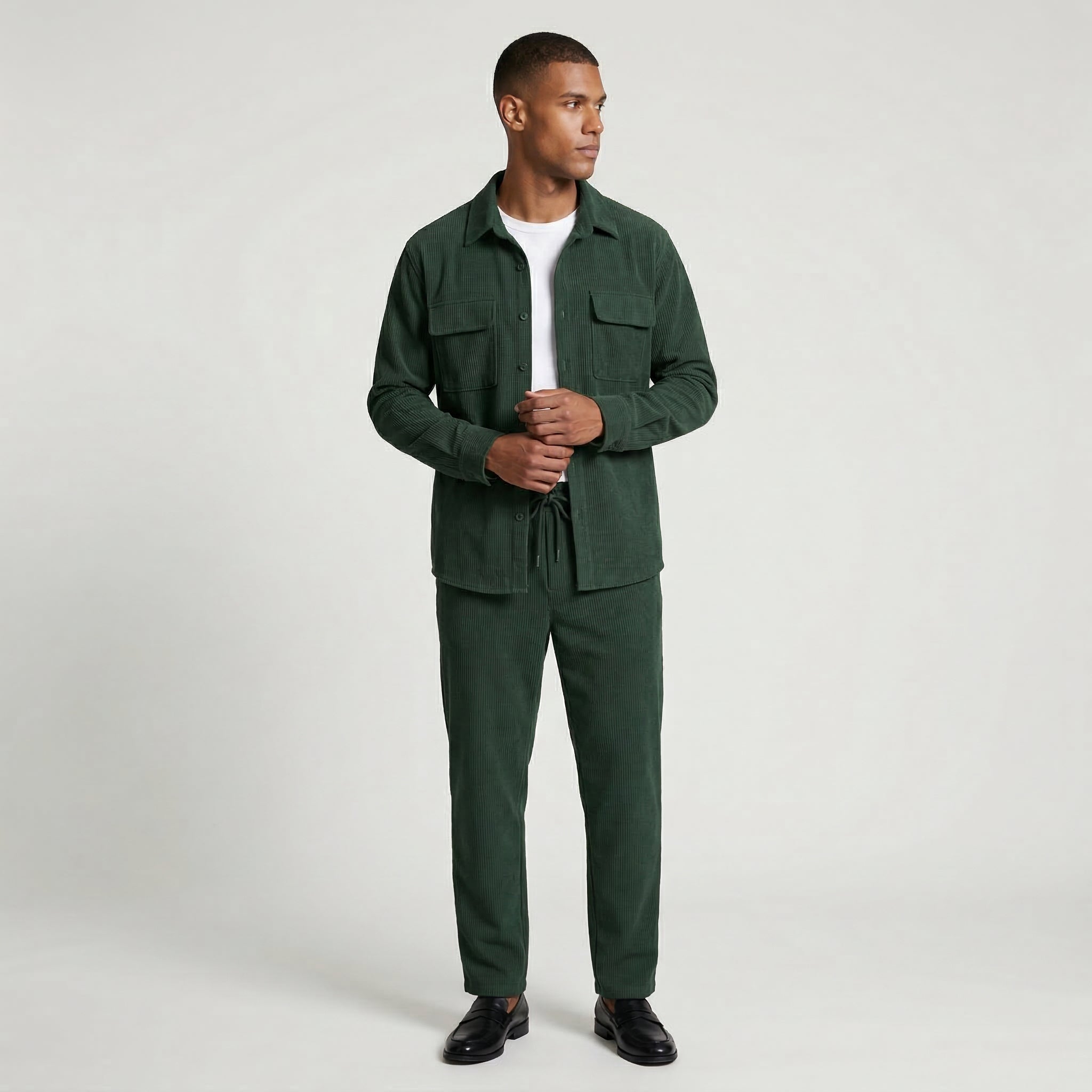 Ribbed Texture Button-Up Shirt Pants Set for Men