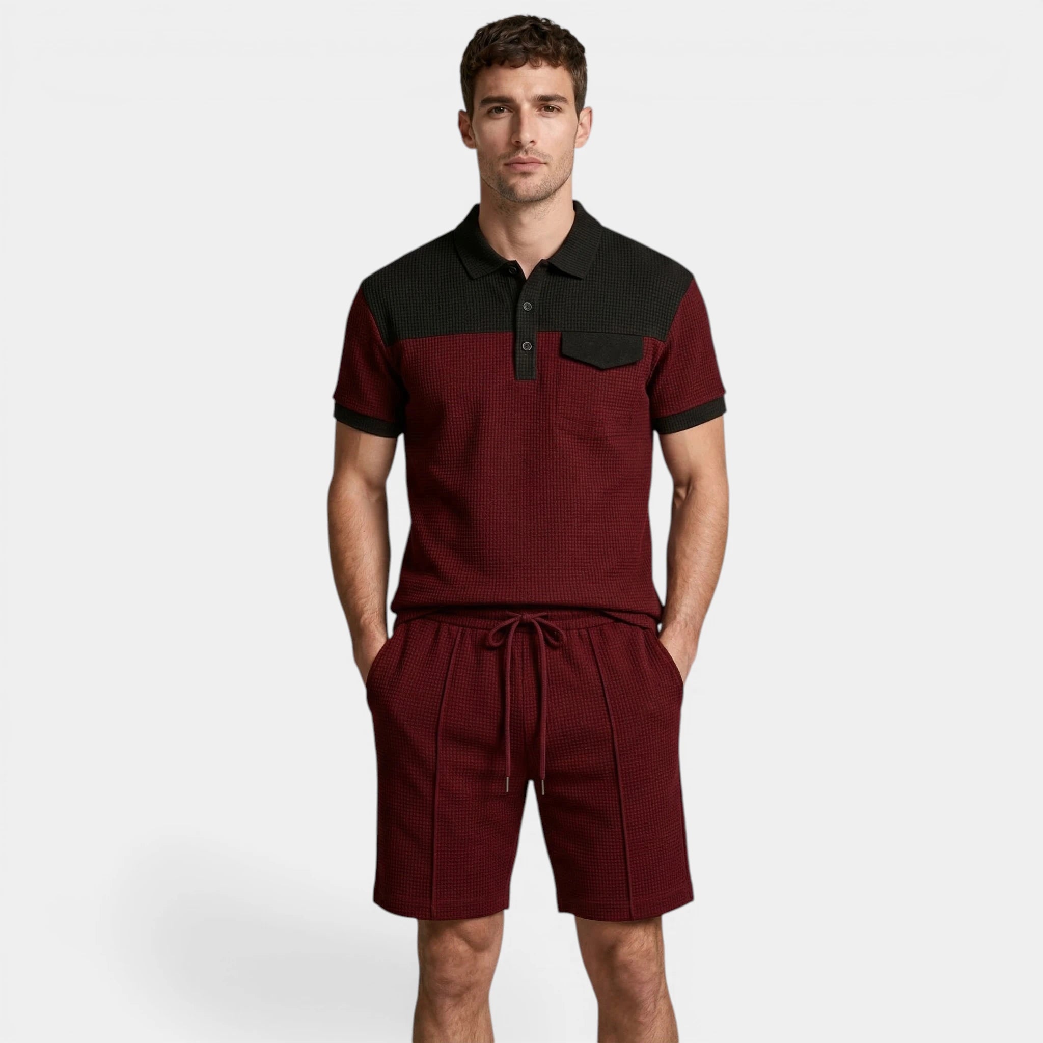 Waffle Texture Polo Shirt Shorts Set Regular Fit for Men