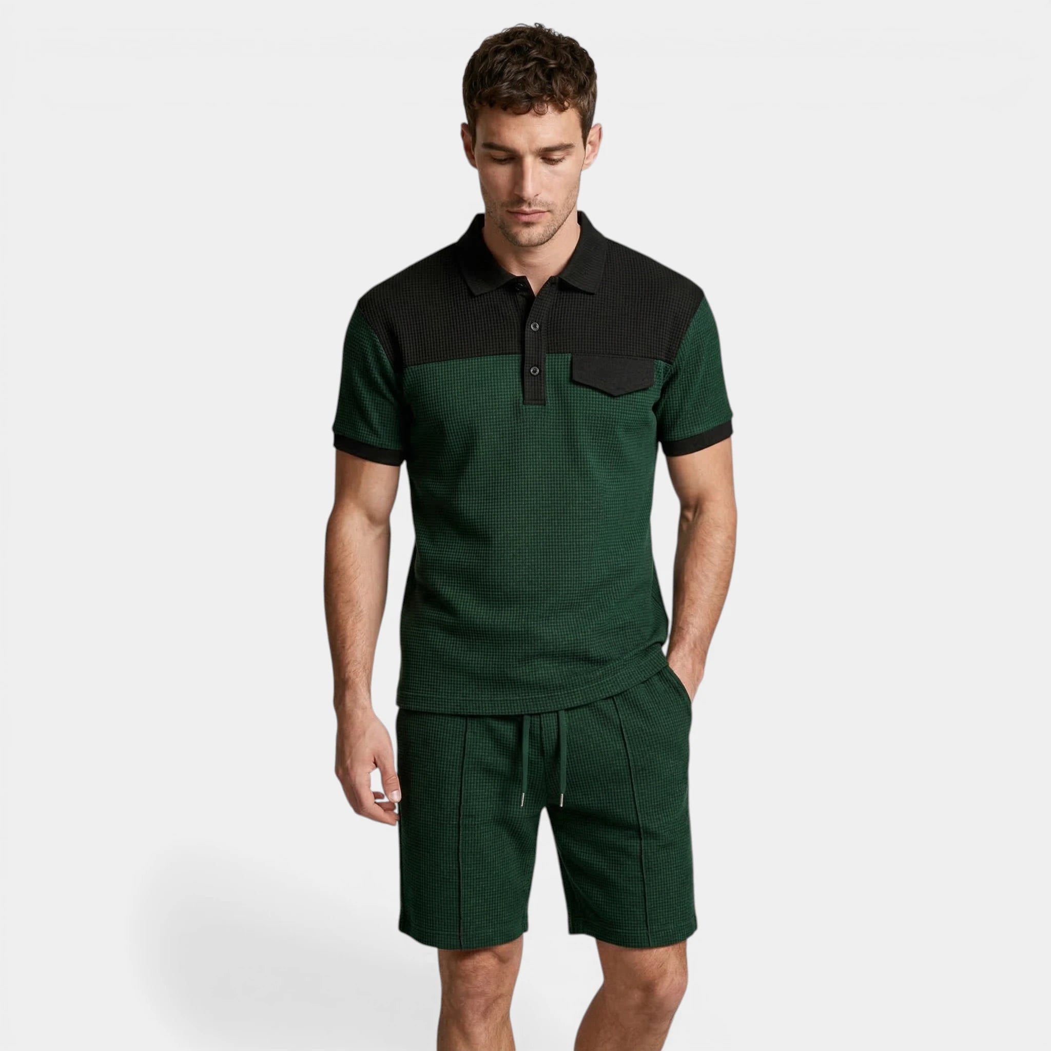 Waffle Texture Polo Shirt Shorts Set Regular Fit for Men