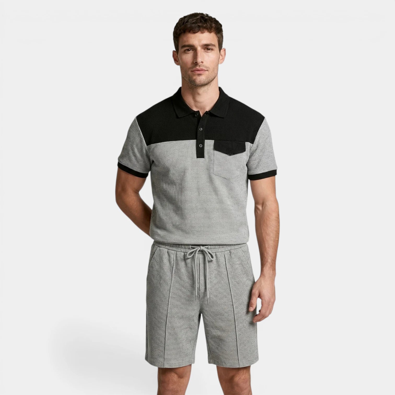Waffle Texture Polo Shirt Shorts Set Regular Fit for Men