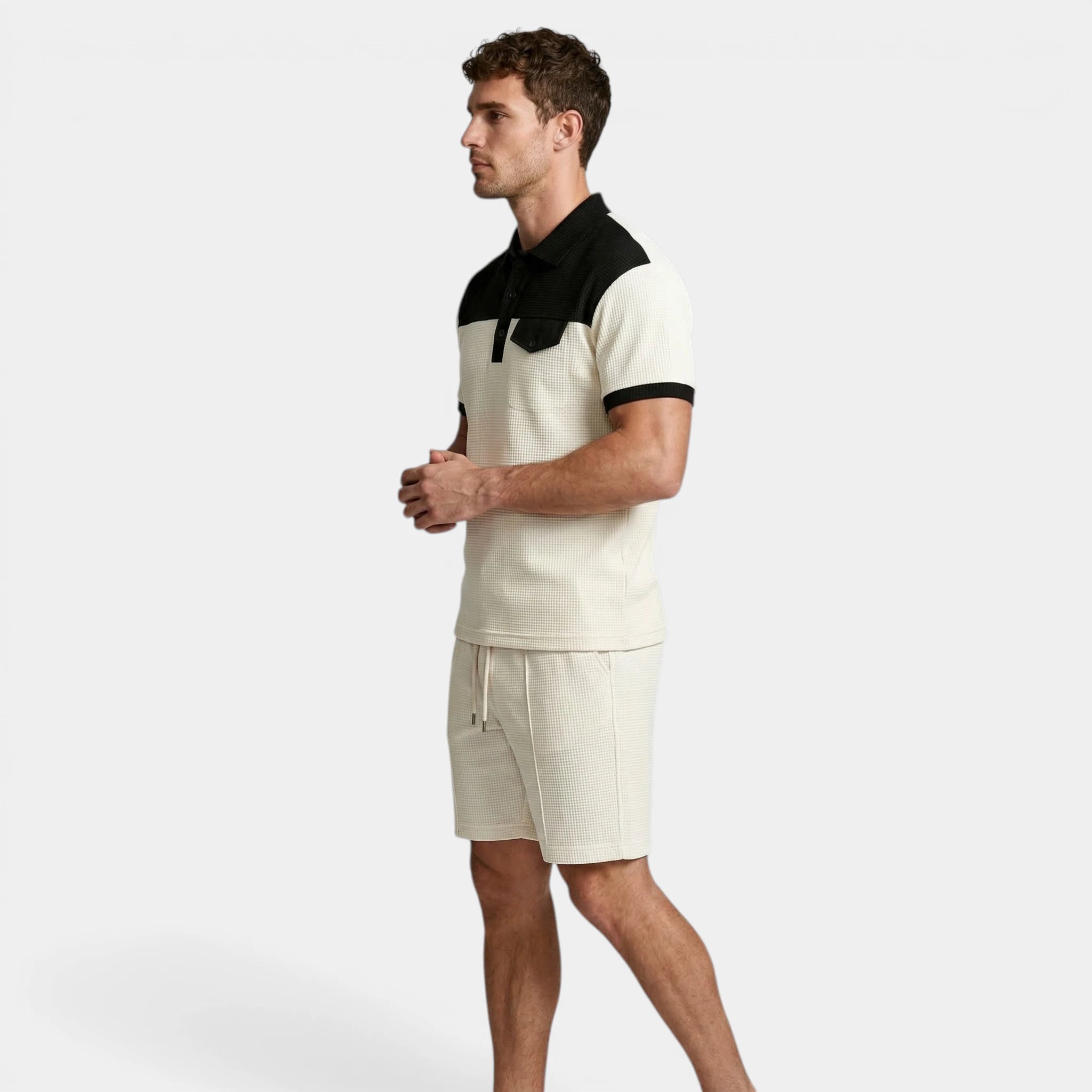 Waffle Texture Polo Shirt Shorts Set Regular Fit for Men