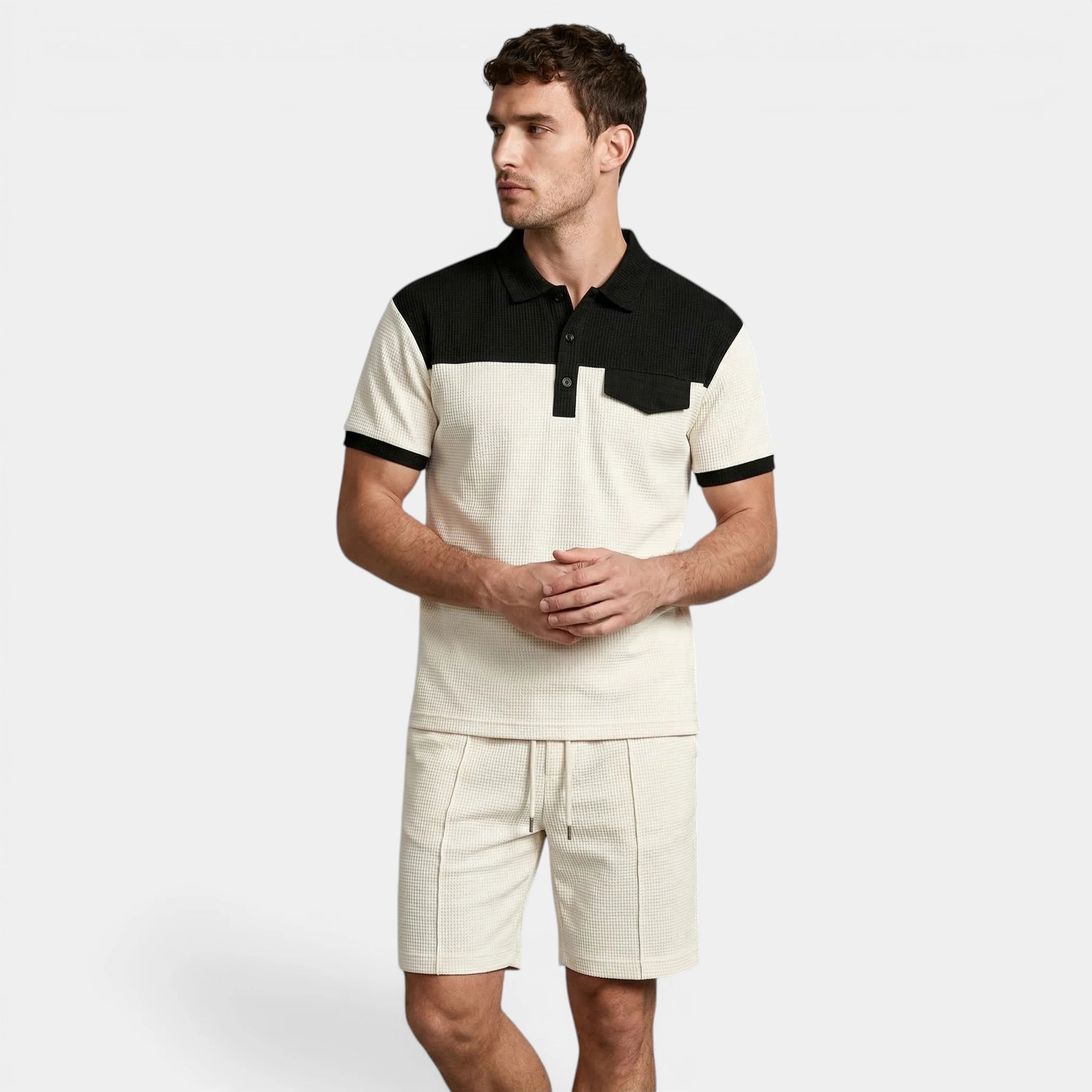 Waffle Texture Polo Shirt Shorts Set Regular Fit for Men