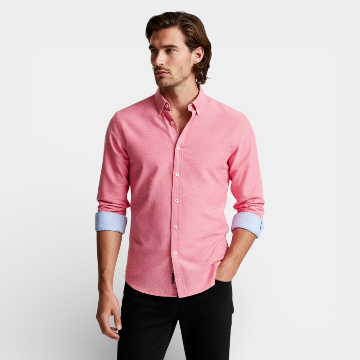 Long Sleeve Button-Up Shirt Contrast Cuff for Men