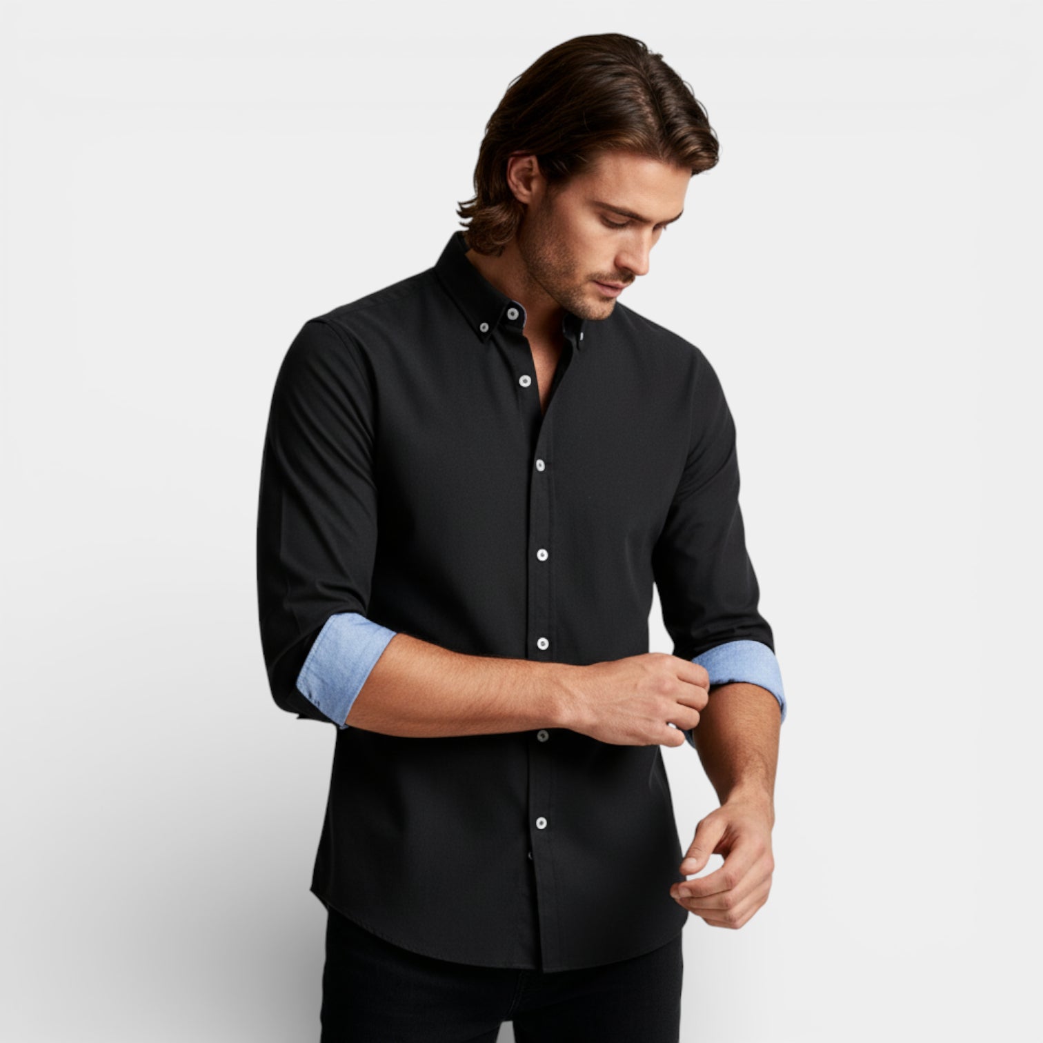 Long Sleeve Button-Up Shirt Contrast Cuff for Men