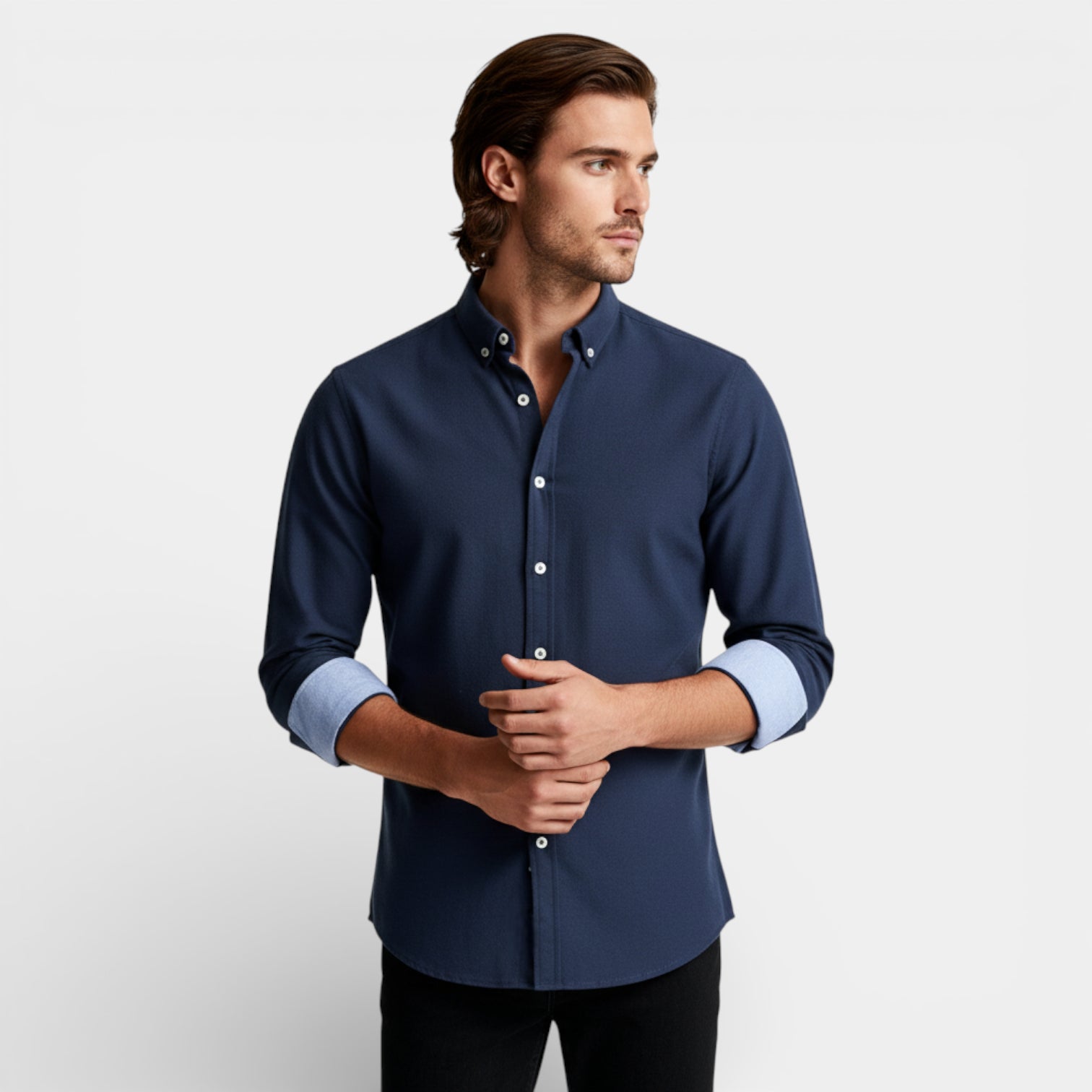 Long Sleeve Button-Up Shirt Contrast Cuff for Men